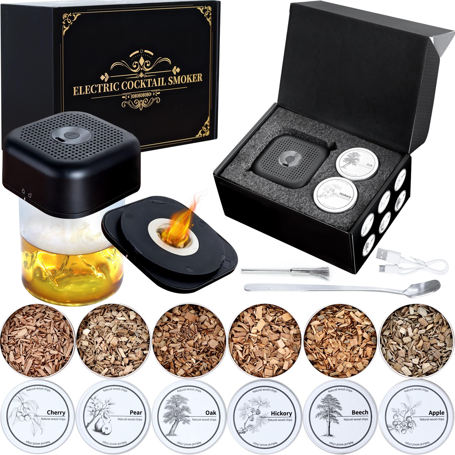 Electric Whiskey Smoker Kit with 6 Wood Chips Rechargeable Cocktail Smoker Kit Old Fashioned Drink Smoker Set No Butane Needed Bourbon Smoker Kit Whiskey Gifts for Men Husband Dad Birthday Gifts