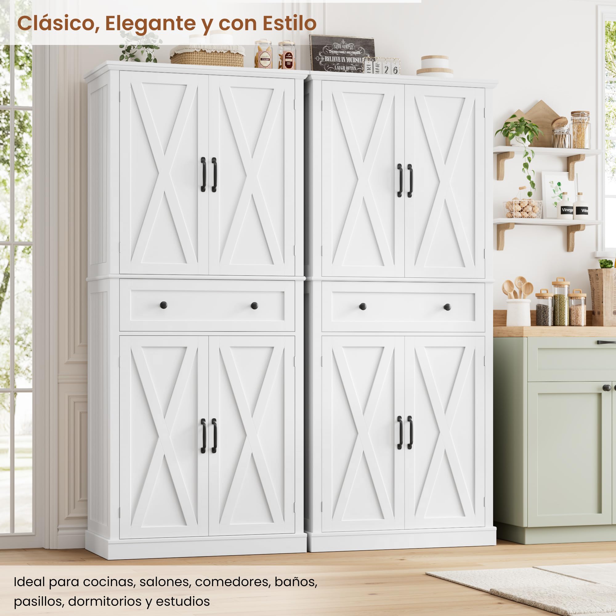 FirFurd Alacena de Cocina, Aparador Cocina, Armario Almacenaje, 5 Estantes | Armario Despensa Cocinas, 4 Puertas, 1 Cajón, para Comedor, Baño, Blanco, 78x40x181,5cm