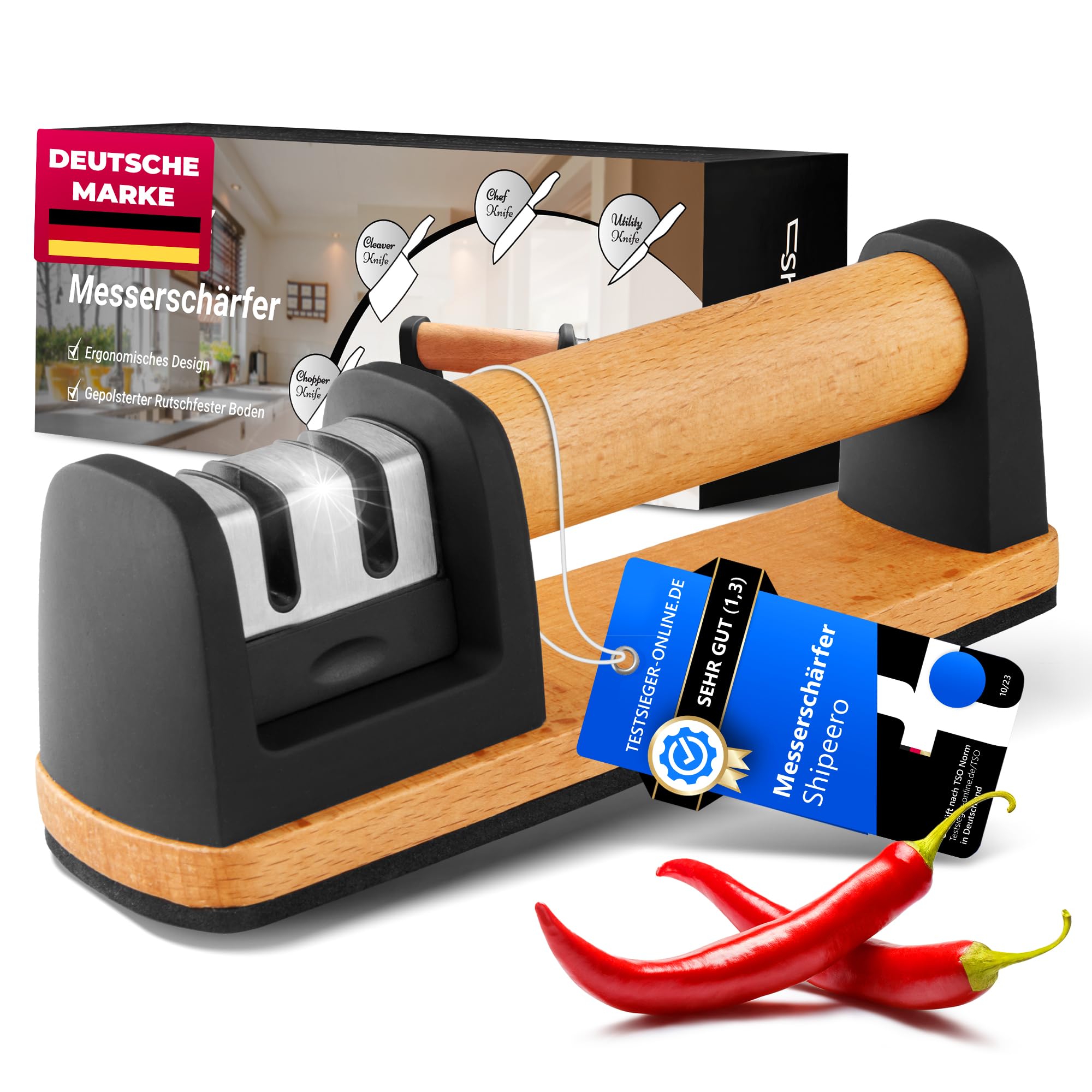 Messerschärfer Testsieger, Messerschärfer Profi, Messerschleifer Profi, Messerschleifer Testsieger, Knife sharpener, Ergonomisches Umweltfreundliches Buchenholz Design