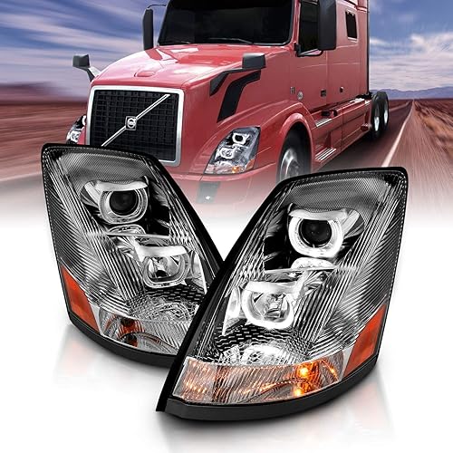 AmeriLite Chrome Dual LED Halo Projector Headlights Pair for 2004-2015 Volvo VN/VNL Replacement
