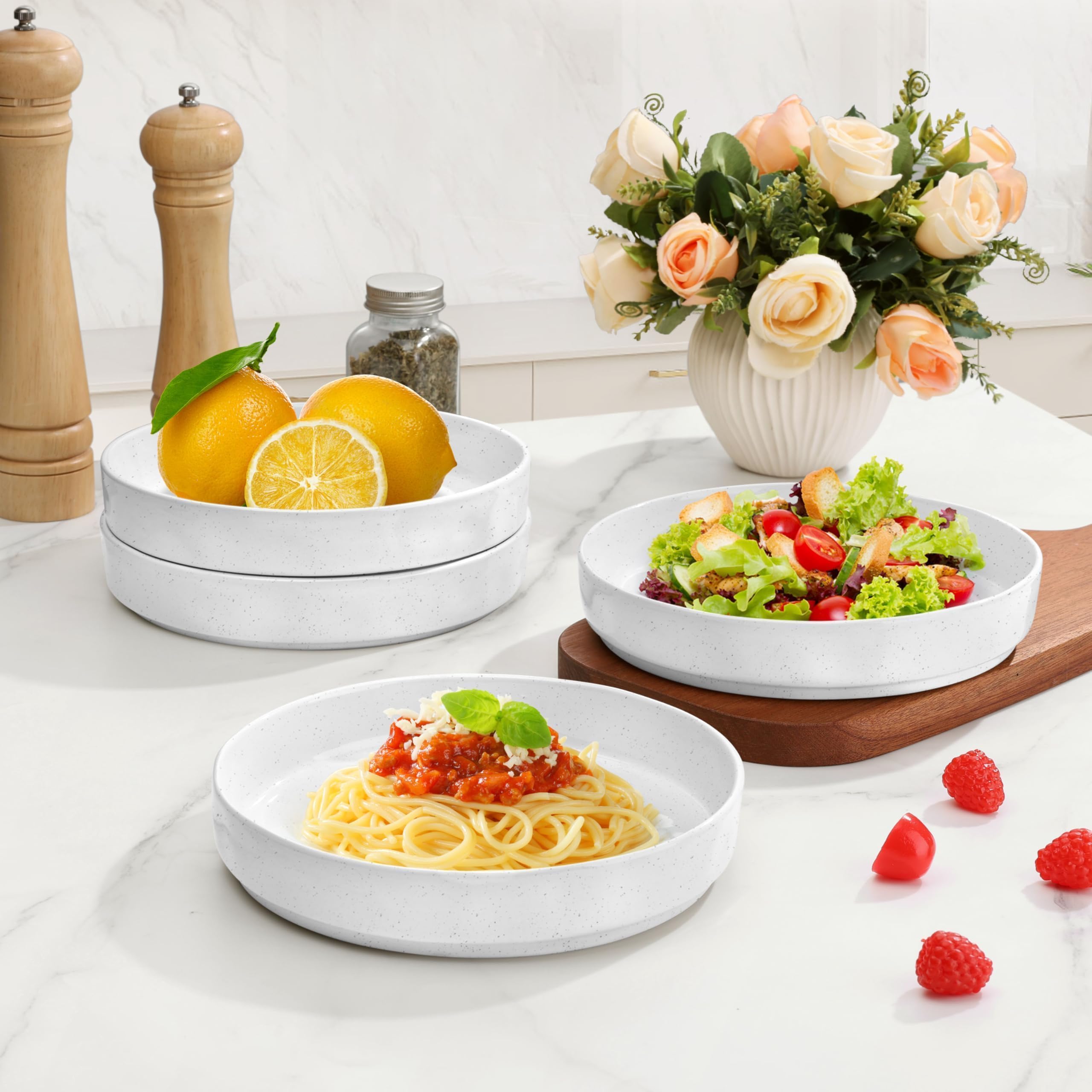 Herogo Pastaschüssel-Set, Steingut, groß, breit, flache Teller und stapelbare Servierschalen aus Keramik, für Salat, Suppe, Müsli, mikrowellen- und spülmaschinenfest, gesprenkelt, 4 Stück