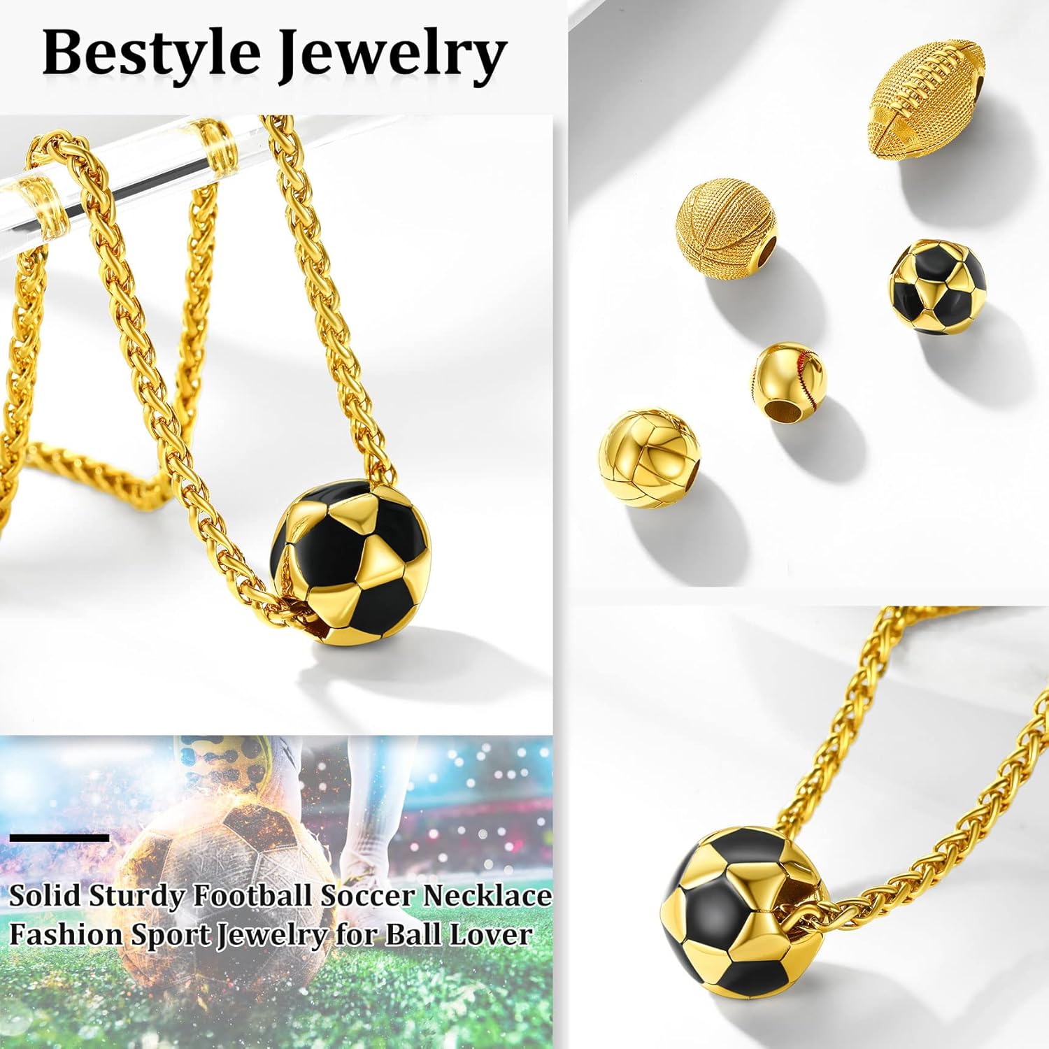 Bestyle Vivid Ball Pendants Sports Necklace for Men, Solid Stainless Steel Soccer/Basketball/Volleyball/Rugby Ball/Baseball Necklace in Silver/Black/Gold, Trendy Sport Fan Jewelry Collection Gift - Image 2