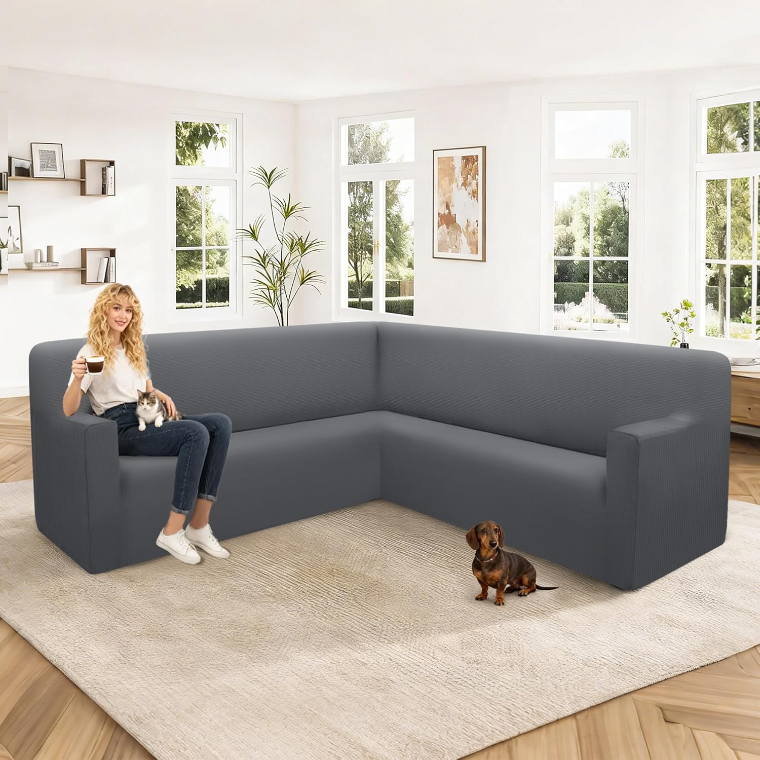 ALIECOM Couch Covers Sectional Sofa Cover L Shaped Washable Stretch Soft Corner Sectional Sofa Slipcover U Shape Dog Pet Friendly Furniture Protector for Living Room (Gray, X-Large)