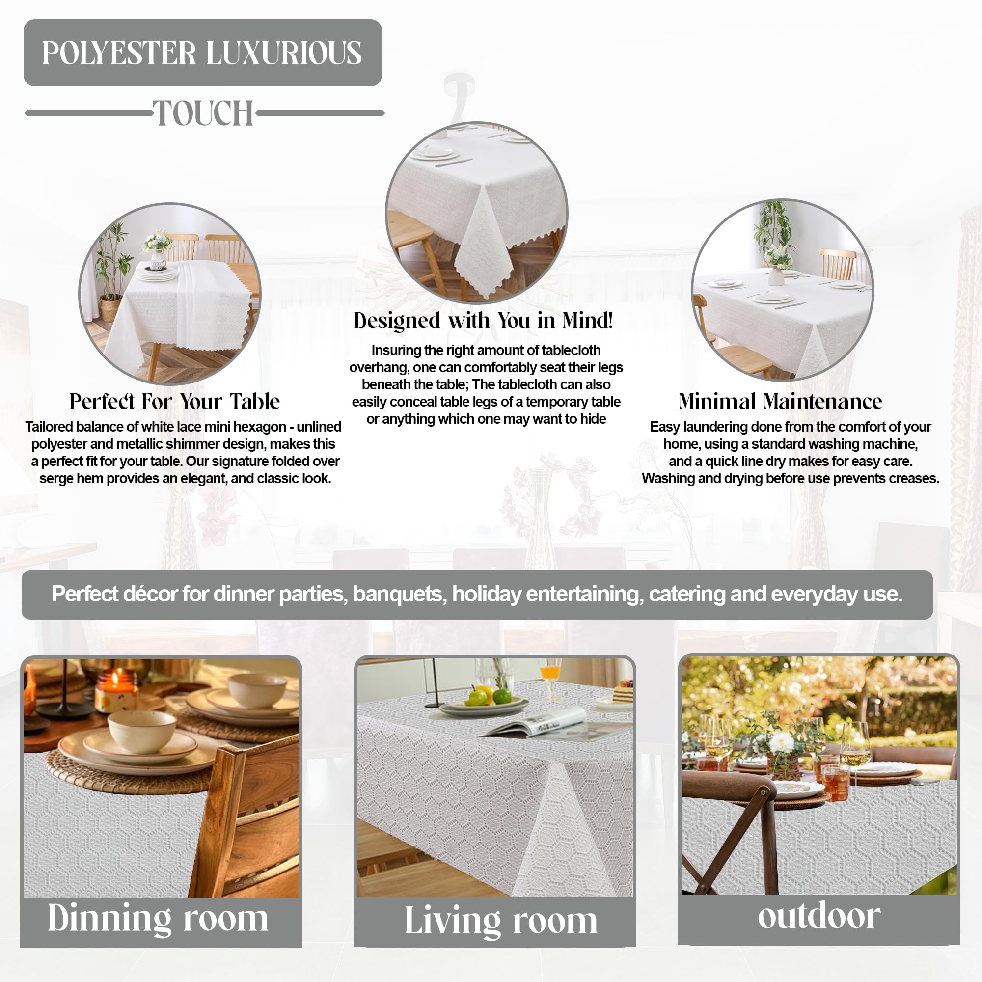 Majestic Giftware Houndstooth Tablecloth - 70x200 Inch White & Gold Rectangle Polyester Table Cover, Washable