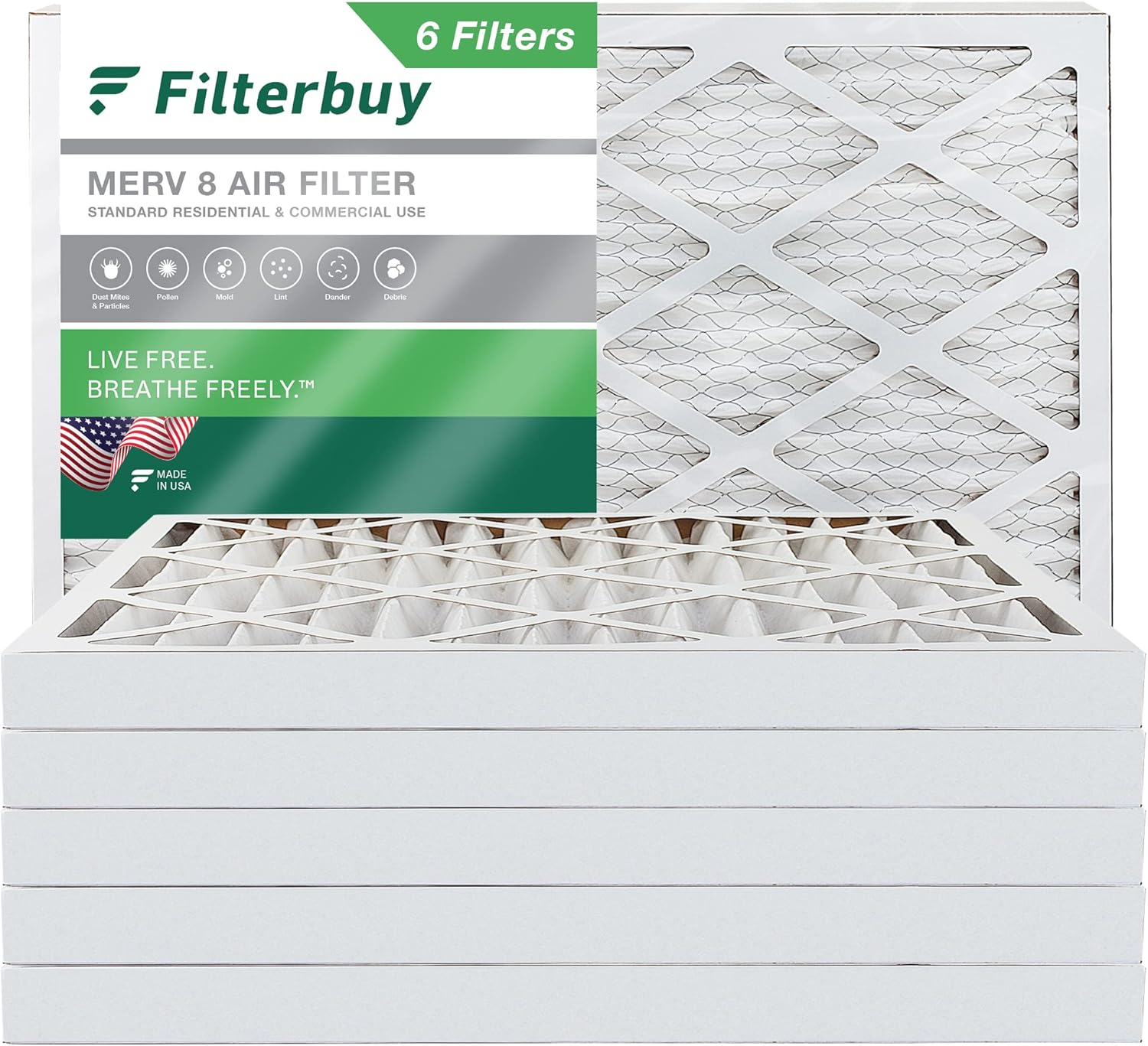 Filterbuy 16x25x2 Air Filter MERV 8 Dust Defense (6Pack), Pleated HVAC