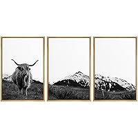 SIGNWIN 3 Piece Framed Canvas Wall Art Highland Cattle in Front of Snowy Mountain Duotone Black and White Canvas Prints Home Artwork Decoration for Living Room,Bedroom - 16
