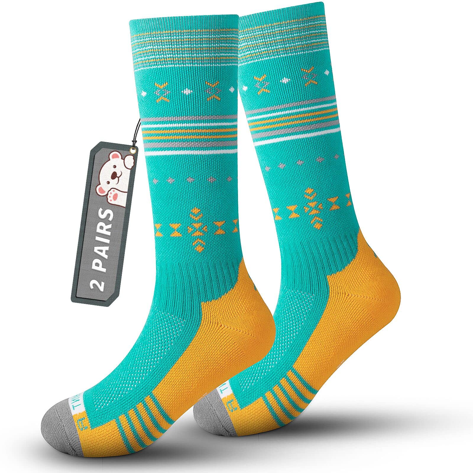 Skisocken Kinder Alpaka Merinowolle Socken Jungen Mädchen, OTC Streifen Design Dick Gepolstert Knie Hoch Atmungsaktive Warme Compression Kinder Socken für Winter Outdoor-Sportarten 1Paar/2Paar
