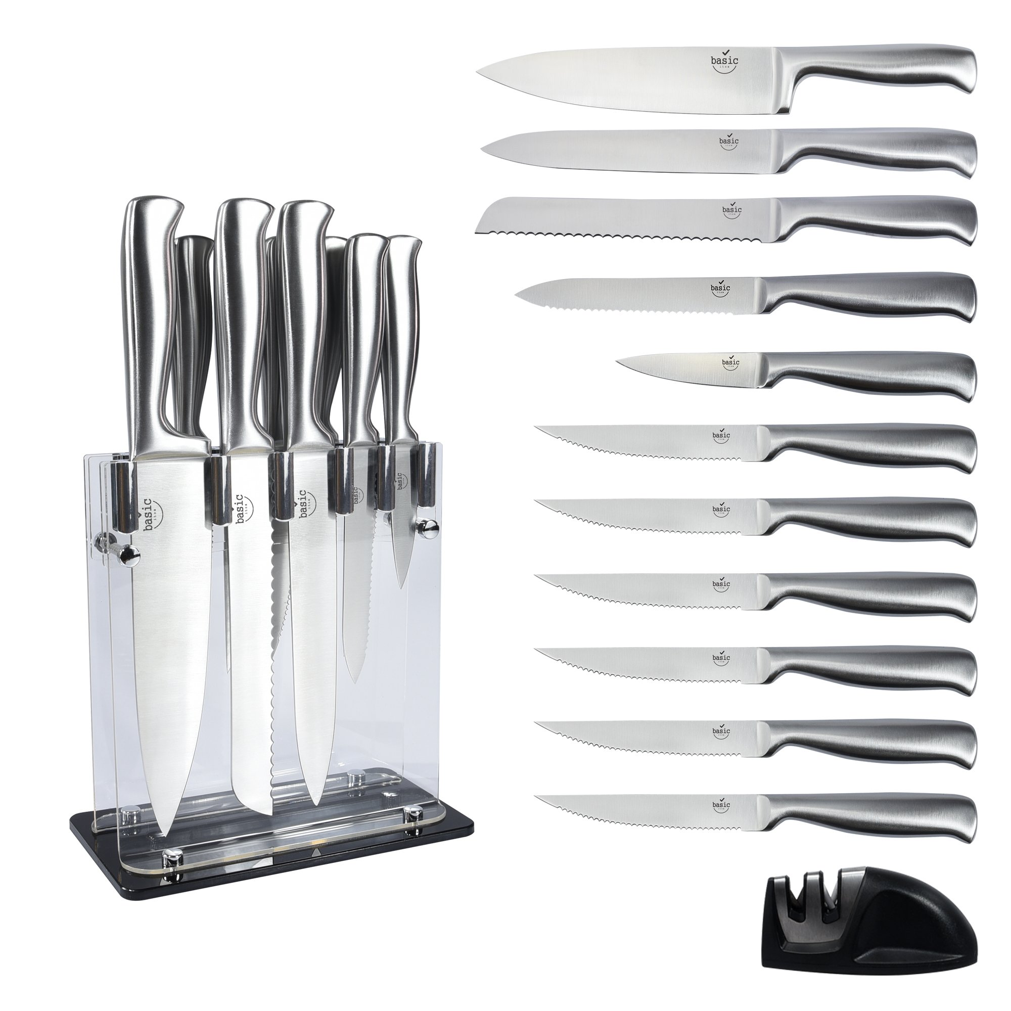 Kitchen Knife Block Set | 13 Piece Utility Knife Set | 1 Knife Sharpener as Bonus | Stainless Steel Knives Set with Block | Firm and Stylized Acrylic Stand | By Basic Item
