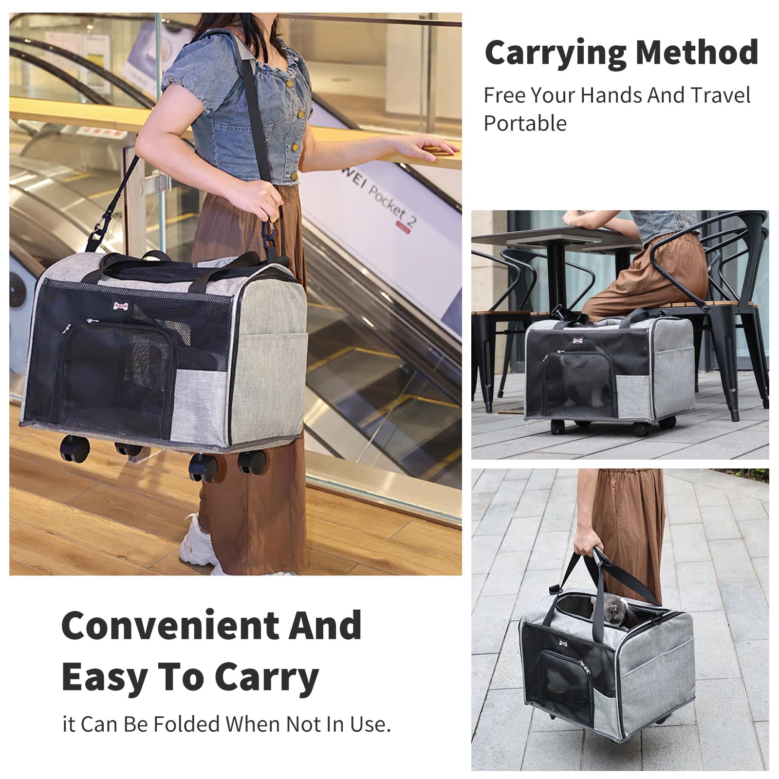 PETCUTE Transportín Perro Gato con Ruedas,Transportín Plegable para Perros con Alfombrilla Extraíble,Correa de Hombro Ajustable,Transpirable Bolsa de Transporte para Mascotas con Bolsillos Laterales