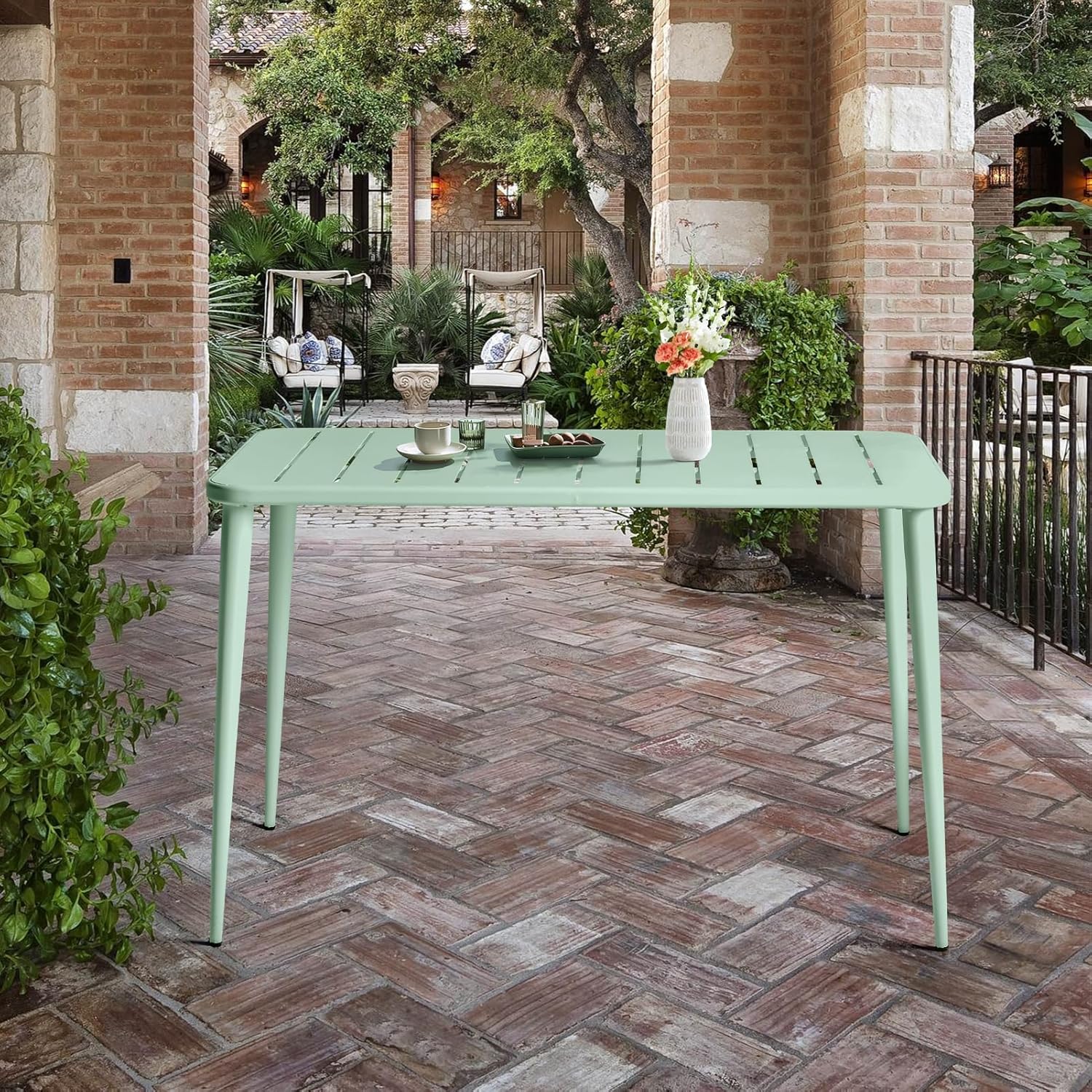 Modern Rectangle Metal Patio Dining Table for 6 People for Outdoor&Indoor Home Cafe Bar Table Office Computer Meeting Desk Lawn Backyard Balcony 47.2" Lx23.6 Wx30 H (Pea Green)