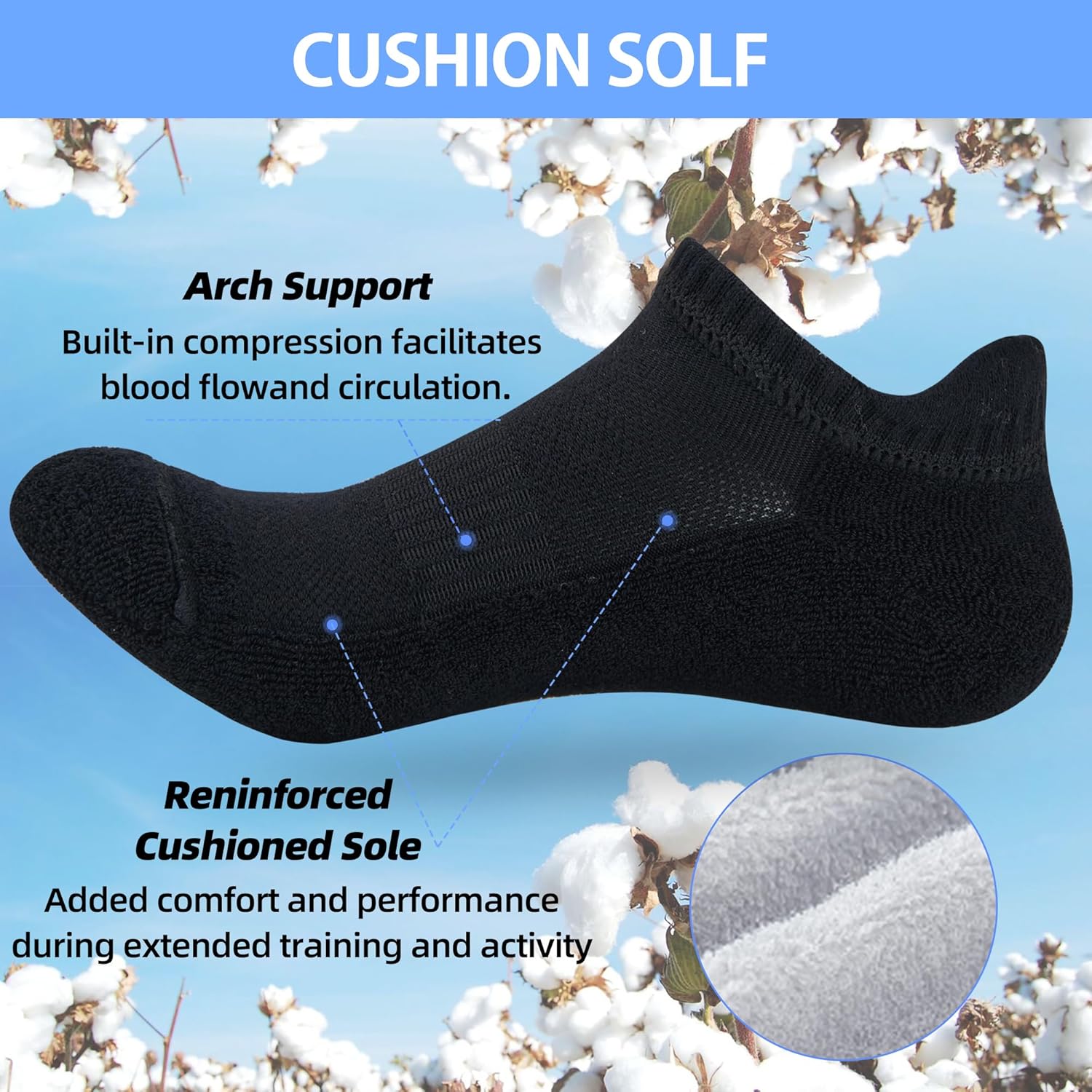 ATBITER Womens Ankle Socks 6 Pairs Cushioned Running Athletic No Show Socks With Tab - Image 3