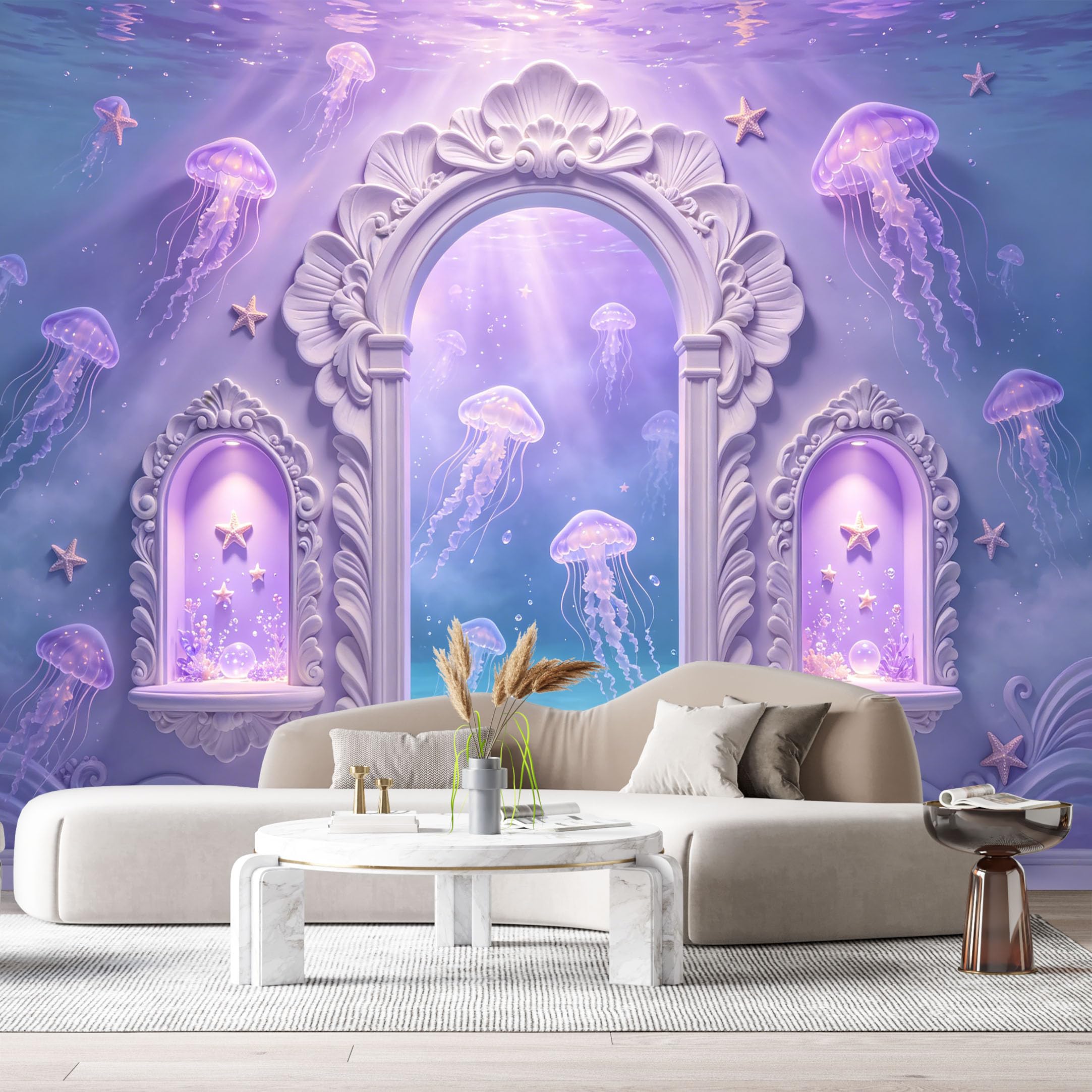 Custom Size Wall Murals Ocean Marine Fantasy Underwater Archway Jellyfish 3D Trompe L'Oeil SelfAdhesiveWall Fabric Removable Wallpaper Wall Decor for Living Room Bedroom Bathroom