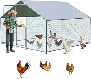 Large Metal Chicken Coop with Run, Walkin Poultry Cage for 10 Chickens with Full-coverage PE Roof, Waterproof & Anti-UV Cover, Double Lockable Doors, Outdoor Hen/Duck/Rabbit House (9.8 x 6.6 x 6.6 FT)