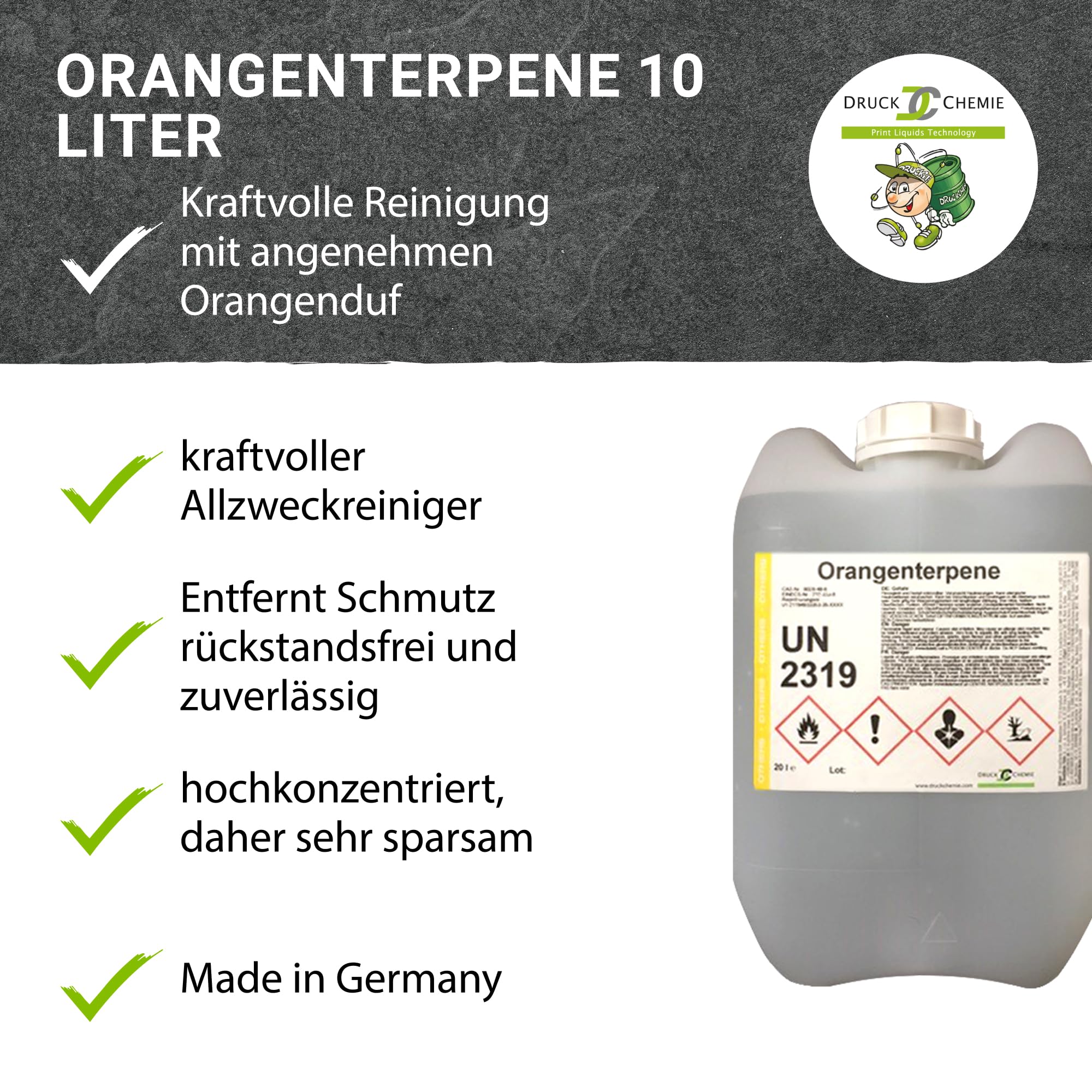 DC DruckChemie GmbH Orangenterpene 10L - Kraftvoller Orangenreiniger zum Lösen hartnäckiger Klebereste - Orangenreiniger für nahezu alle Oberflächen