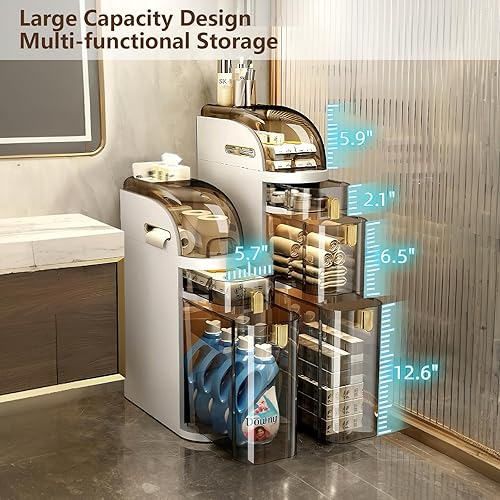 Miniatura 7 de Armario de almacenamiento estrecho de 3 niveles para baño, organizador de cajones de plástico de 7.1 pulgadas con caja de pañuelos y ruedas,