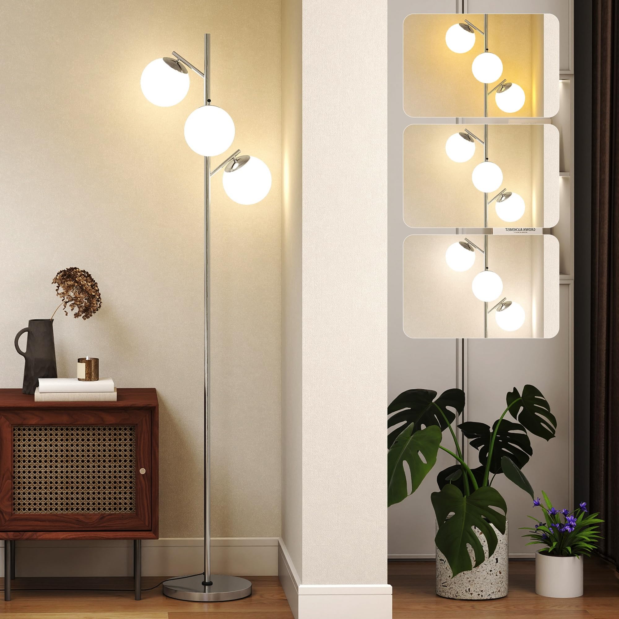 HOMCOM 3 Light Tree Floor Lamp - Metal - Silver - Modern Standing Lamp for Living Room Bedroom