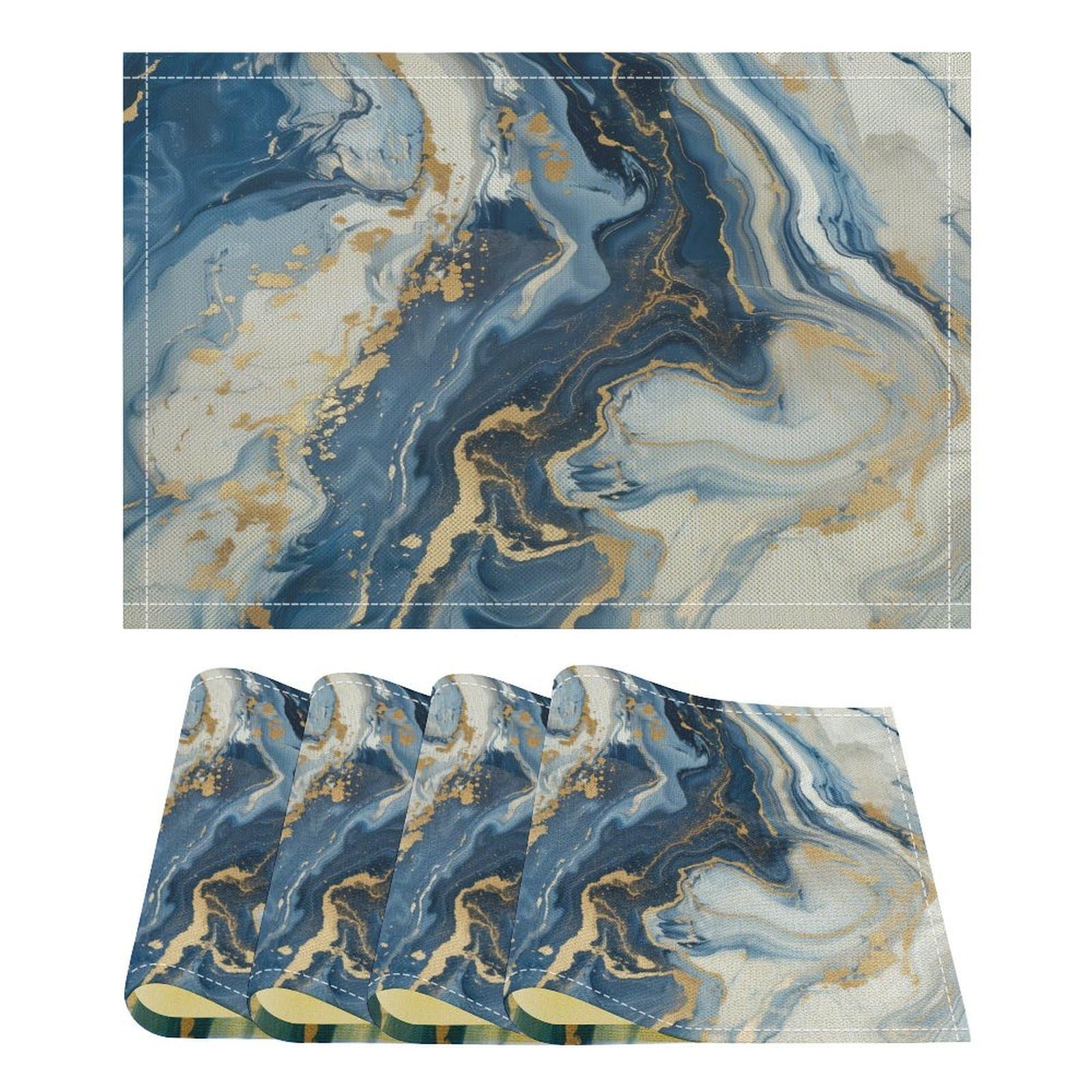 Marble Linen Placemats Set of 4, Modern Luxury Foil Texture Blue White Gold Marble 12x17 Inch Washable Table Mats Non Slip Placemats for Wedding Party