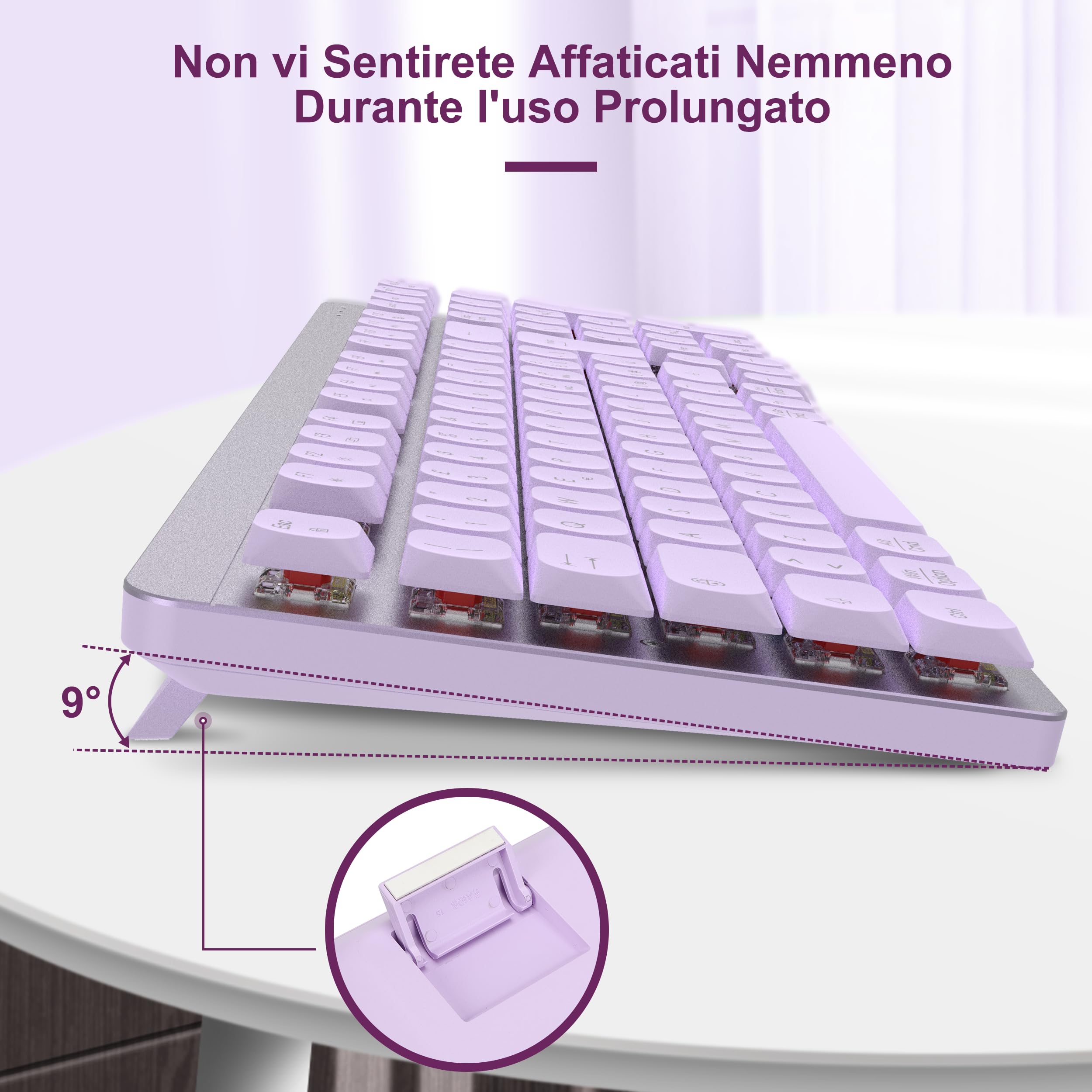 LeadsaiL Tastiera e Mouse Meccanica Wireless FA98, Basso Profilo Switch Rossi Tastiera senza Fili con ricevitore 2.4G, 96% Keyboard, 98 Tasti, Silenzioso, Italian QWERTY per PC Mac/Windows-Lavender