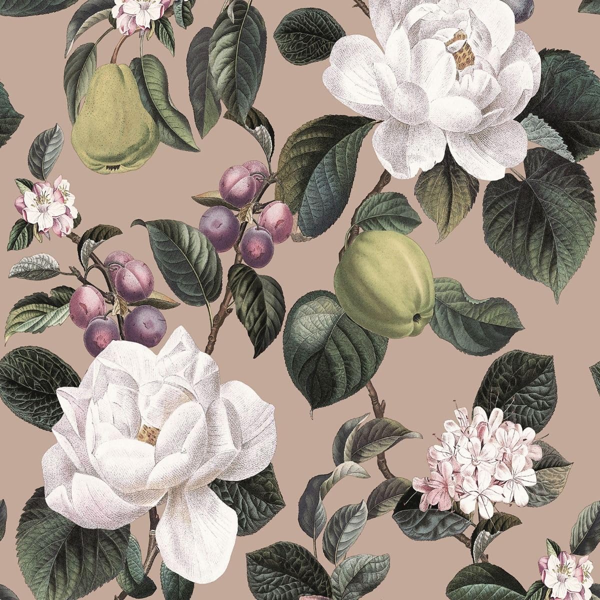 Pyrus Fruits, Pears,Plums, Blossoms Themed Wallpaper in Bold Colours Perfect for Hallways, Stunning Feature Walls Plaster Pink Holden 13890