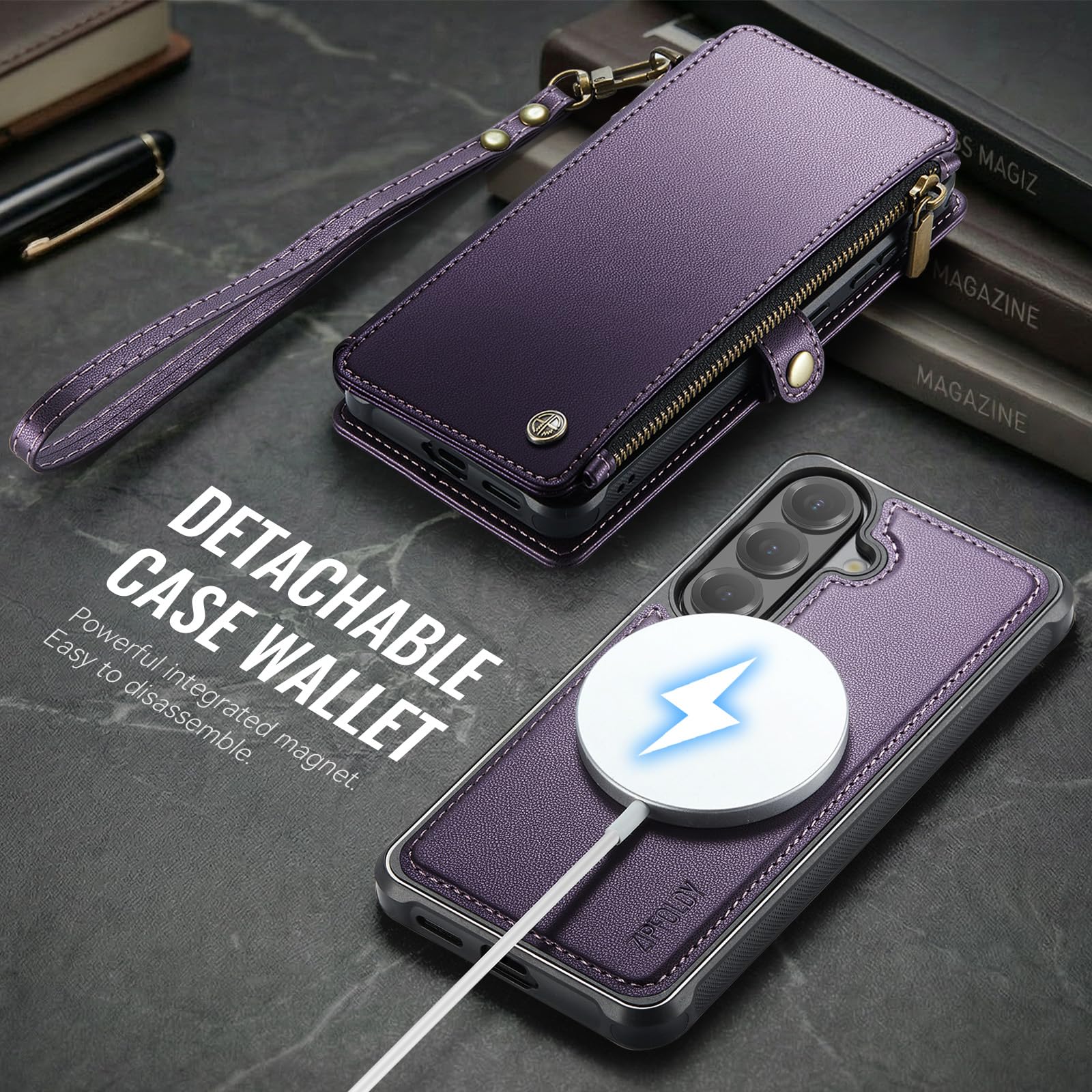 per Galaxy S24 - Custodia a portafoglio magnetica staccabile | Staccato per Magsafe, porta carte di credito con blocco RFID, borsa con cerniera, cinturino da polso, per donne e uomini