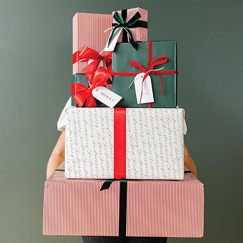 Miniatura 3 de Merry Market Paquete de 6 papeles de regalo de Navidad satinados de alta calidad, papel de regalo mínimo para vacaciones, rayas rojas, estampado de