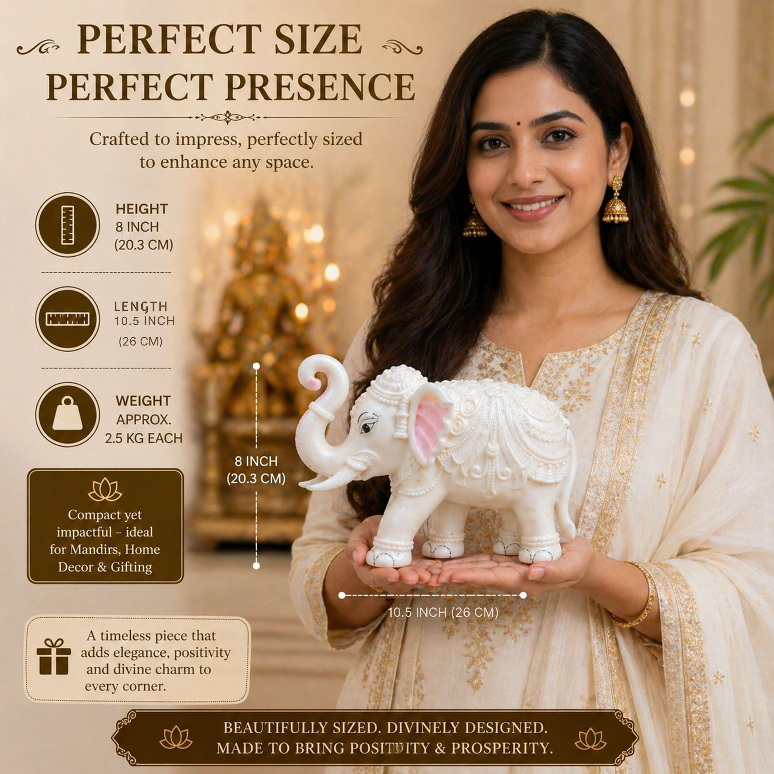 Heavy White Elephant Pair for Mandir Base & Home Temple Decor | 8x10.5 inch Solid Marble Dust Resin Elephant Statues for Corian Mandir Entrance | Vastu Showpiece Set for Living Room — photo — 5 of 8
