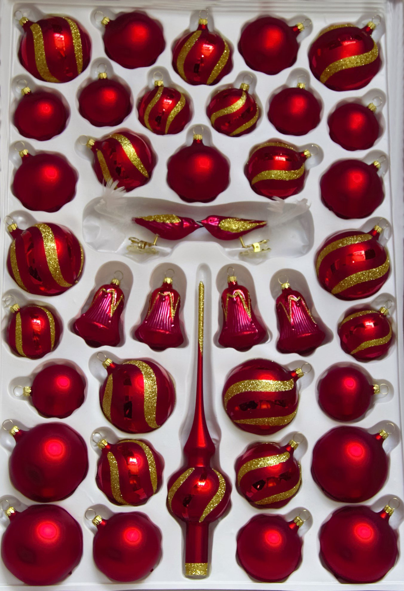 Lauschaer Glas Christmas Tree Decoration Assortment with Bells Dark Red Matt with Decoration 39 Pieces Christmas Tree Decorations Mouth-Blown Hand-Decorated