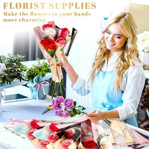 Vista 13 de Geyee 300 bolsas de envoltura de flores con mangas de rosas individuales, bolsas de celofán de plástico impermeable para cumpleaños, aniversario