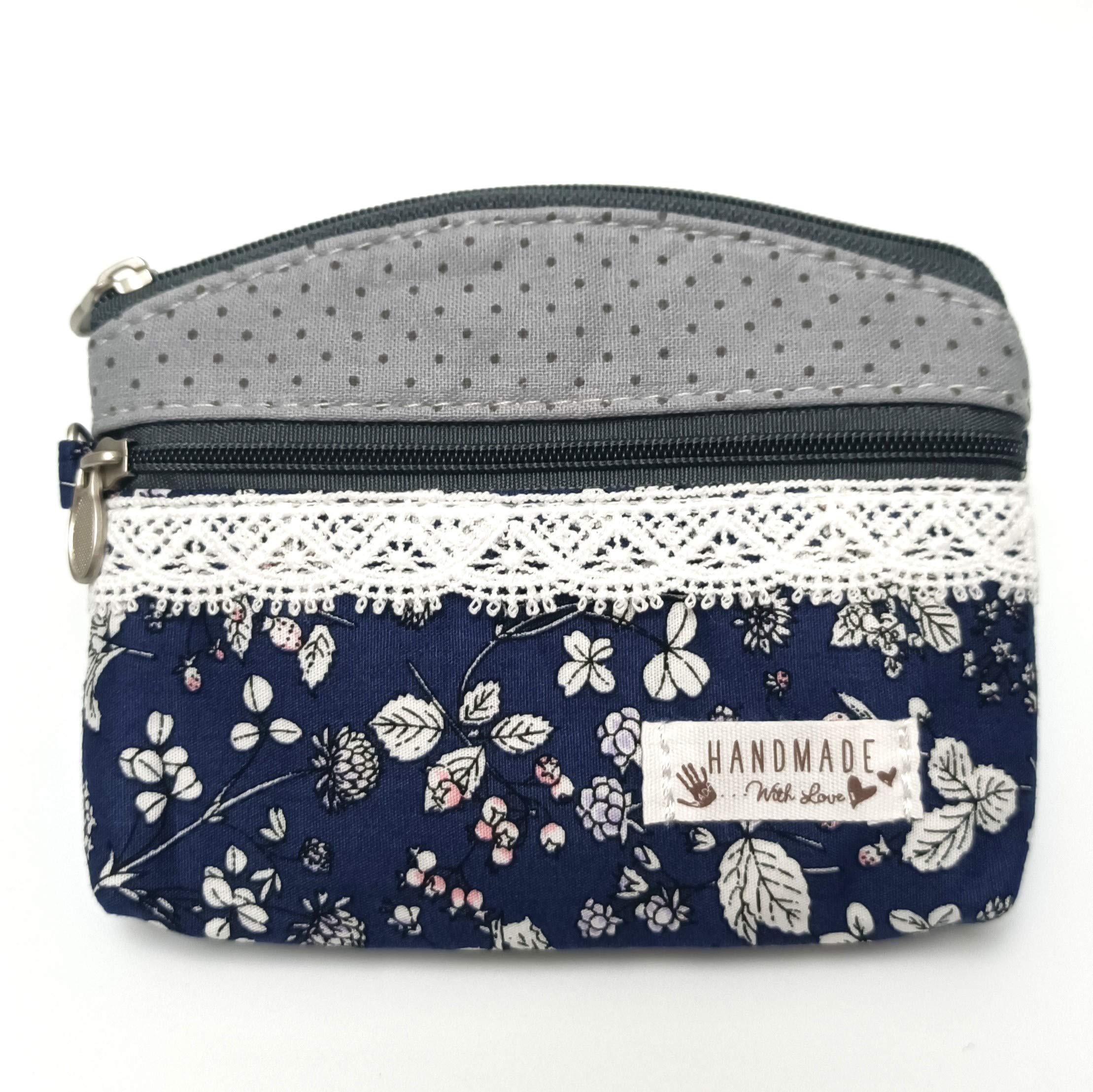 YHmyok Women Zipper Coin Purse Handmade Fabric Change Pouch Cotton Wallet, Grey Blue, 4.3 * 5.5