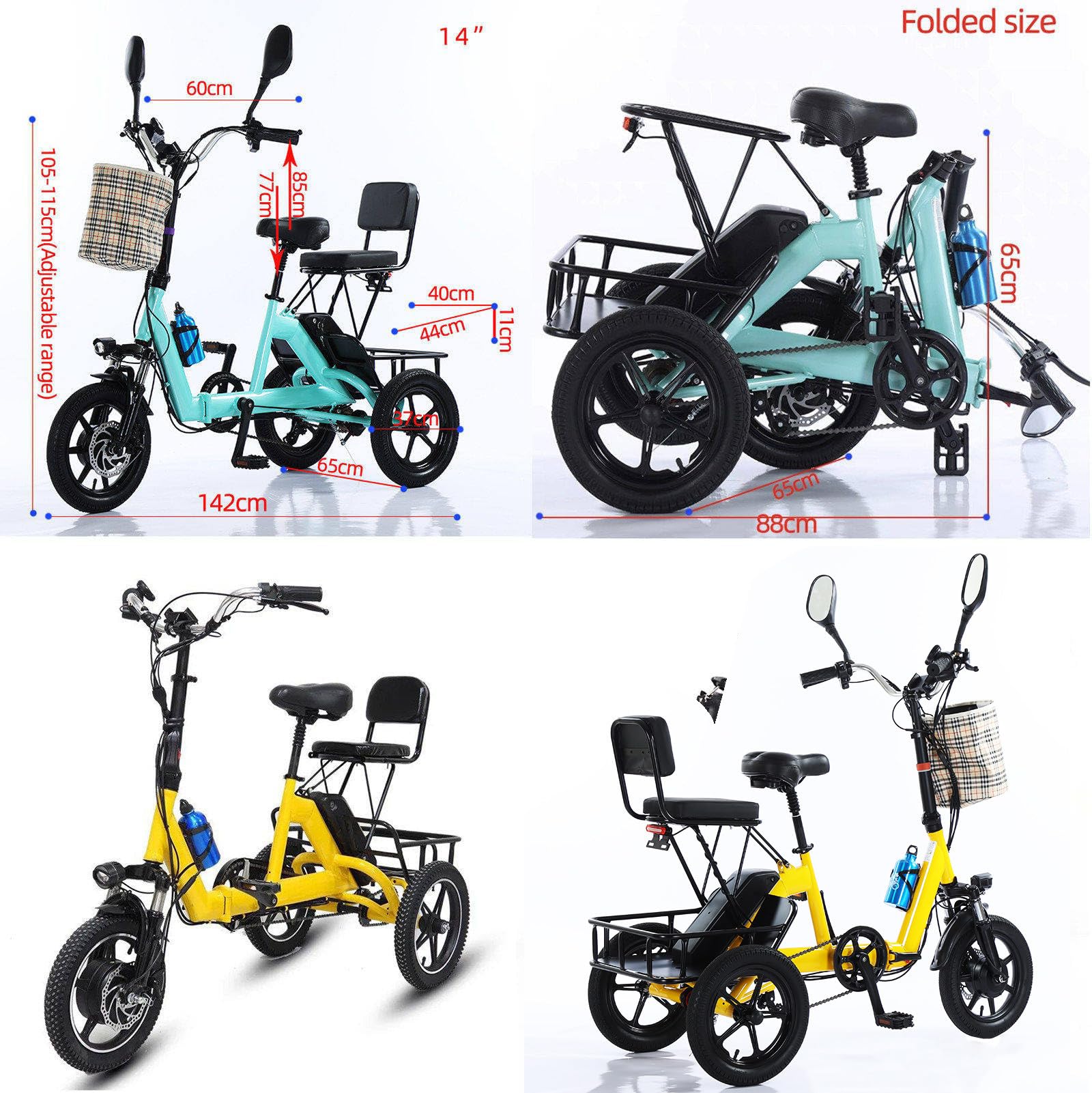 Triciclo Elettrico Pieghevole Da 14 Pollici, Biposto, Con Batteria Da 48V 10Ah (Autonomia Di 45km), Doppio Freno Anteriore E Posteriore, Supporto Per Telefono Ricaricabile, Per Adulti. Yellow
