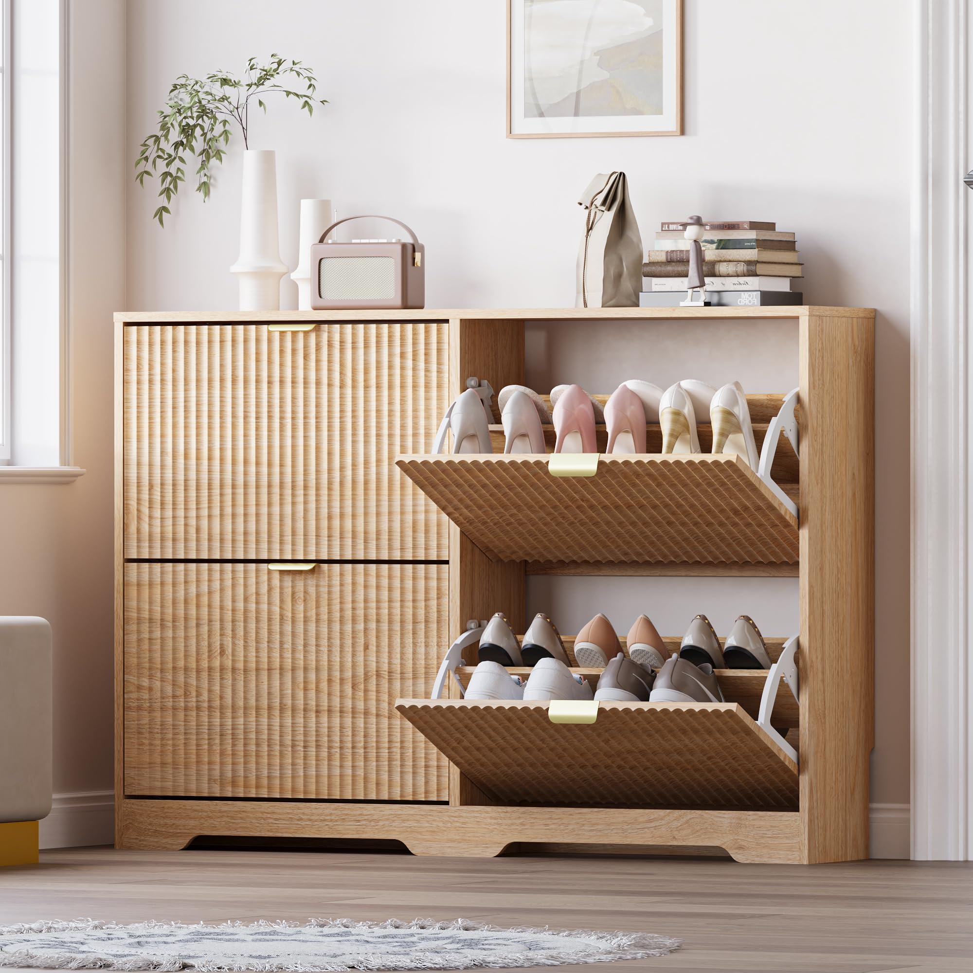 BORNOON Large Shoe Cabinet for Entryway, Shoe Rack Cabinet with 4 Flip Drawer and Adjustable Shelves for Small Apartment, Foyer