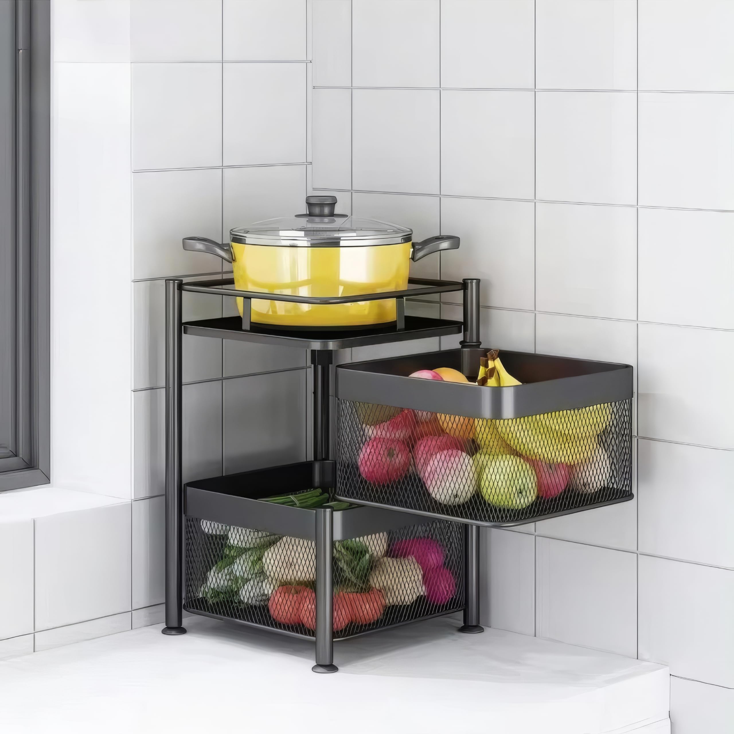 flymore Metal Kitchen Trolley Square Onion Baskets for Storage,Kitchen Accessories Items&Vegetable Basket for Kitchen Organizer Items&Storage Portable Kitchen Accessories with Wheels(Black,Layer-2)-image-48