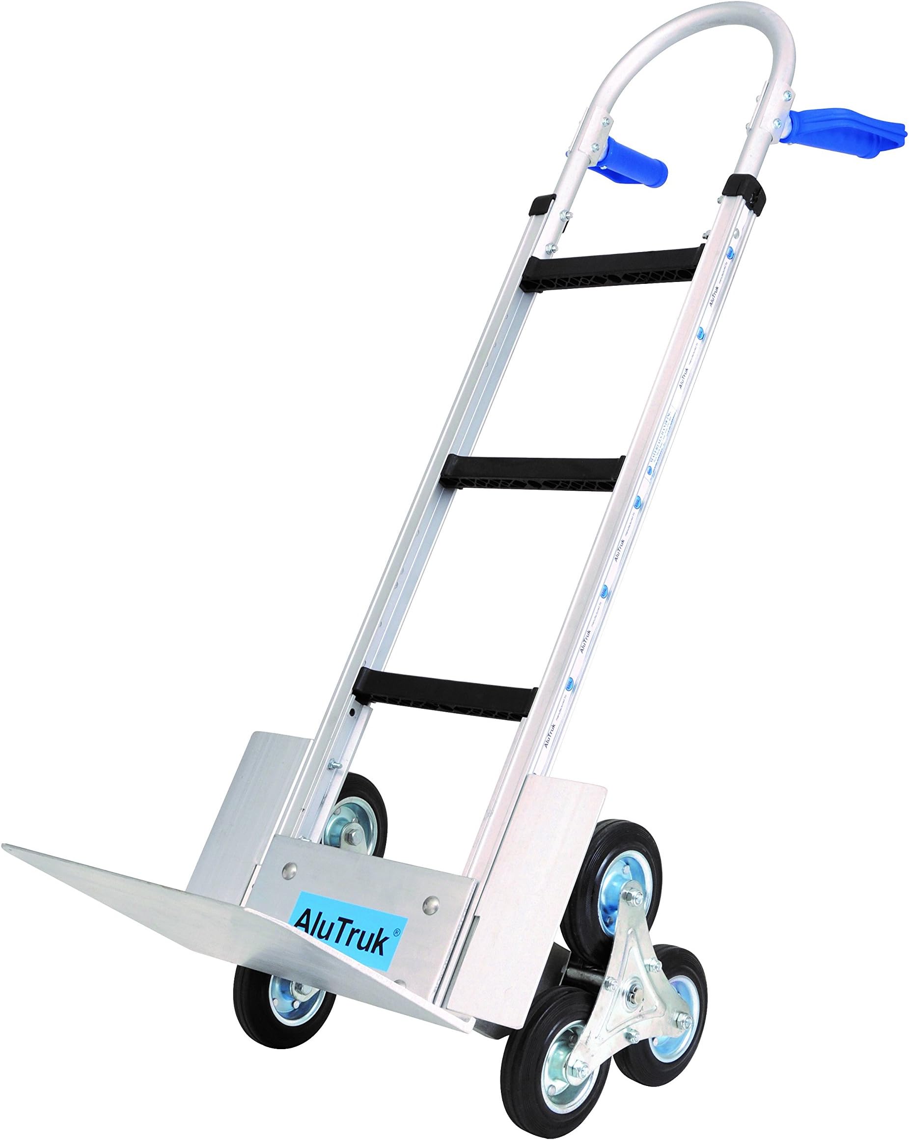 AluTruk Stairclimber, Tri-Wheel Design, Vertical Loop Handle, 405 mm × 305 mm Toe Plate, Wheelguards, 505 mm W × 1310 mm H × 660 mm L, Blue