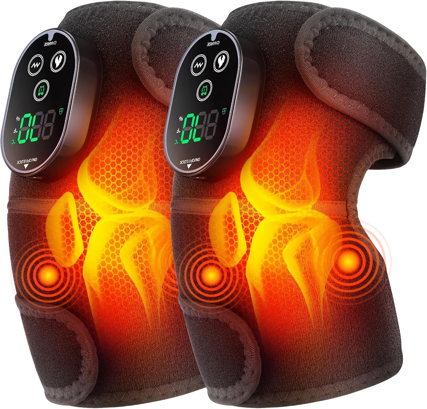 Cordless Heated Knee Massager with Vibration, Heated Knee Brace Wrap, Heating Shoulder Brace Support Wrap for Knee Elbow, Heating Pad with 6 Heating Levels, 3 Massage Modes&Timer 2 Pack
