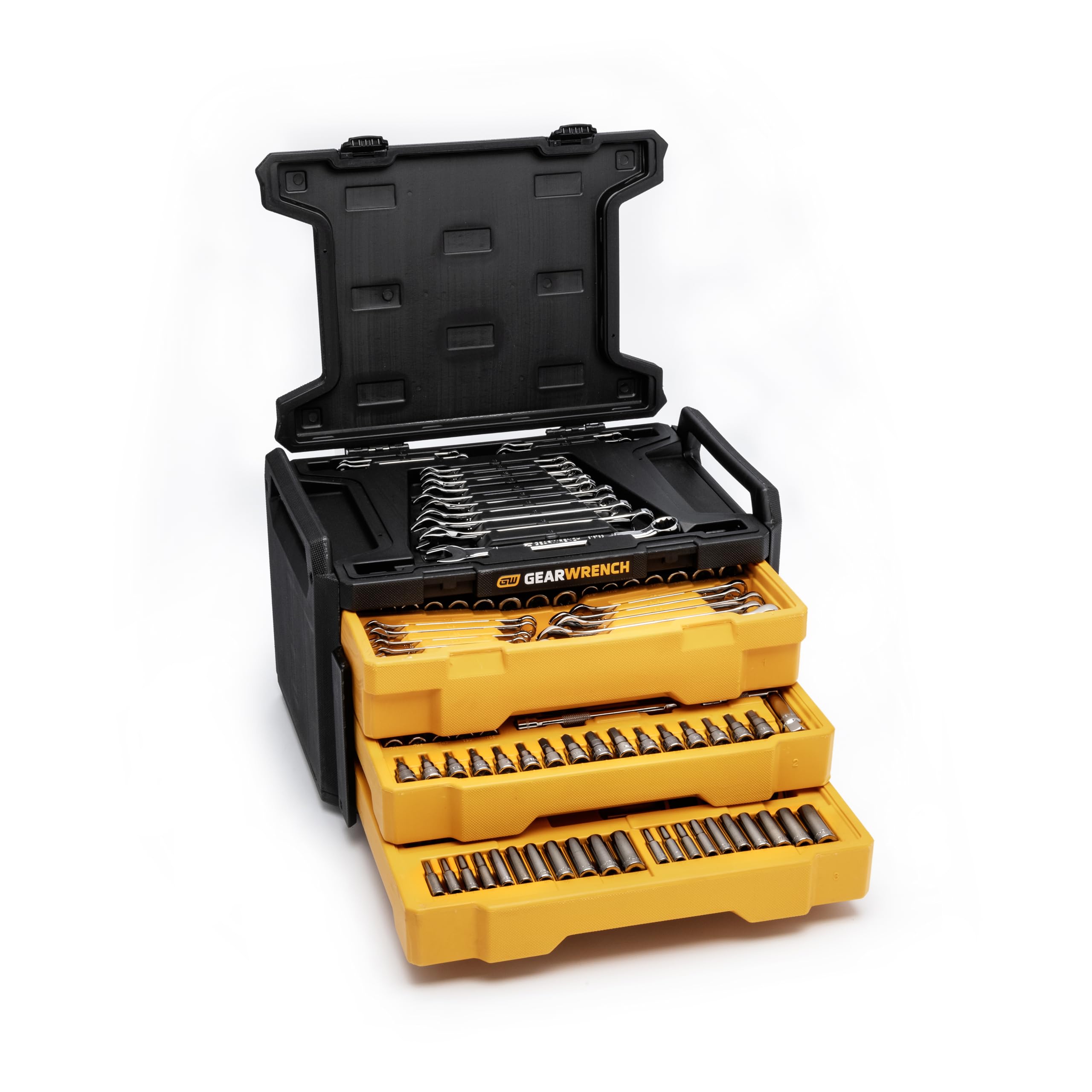 Condition photo showing New/Like New for gearwrench mechanics tool set in 3 drawer storage box, 232 pc, 1/4 in and 3/8 in drive, metric/sae | gw72llcbmts