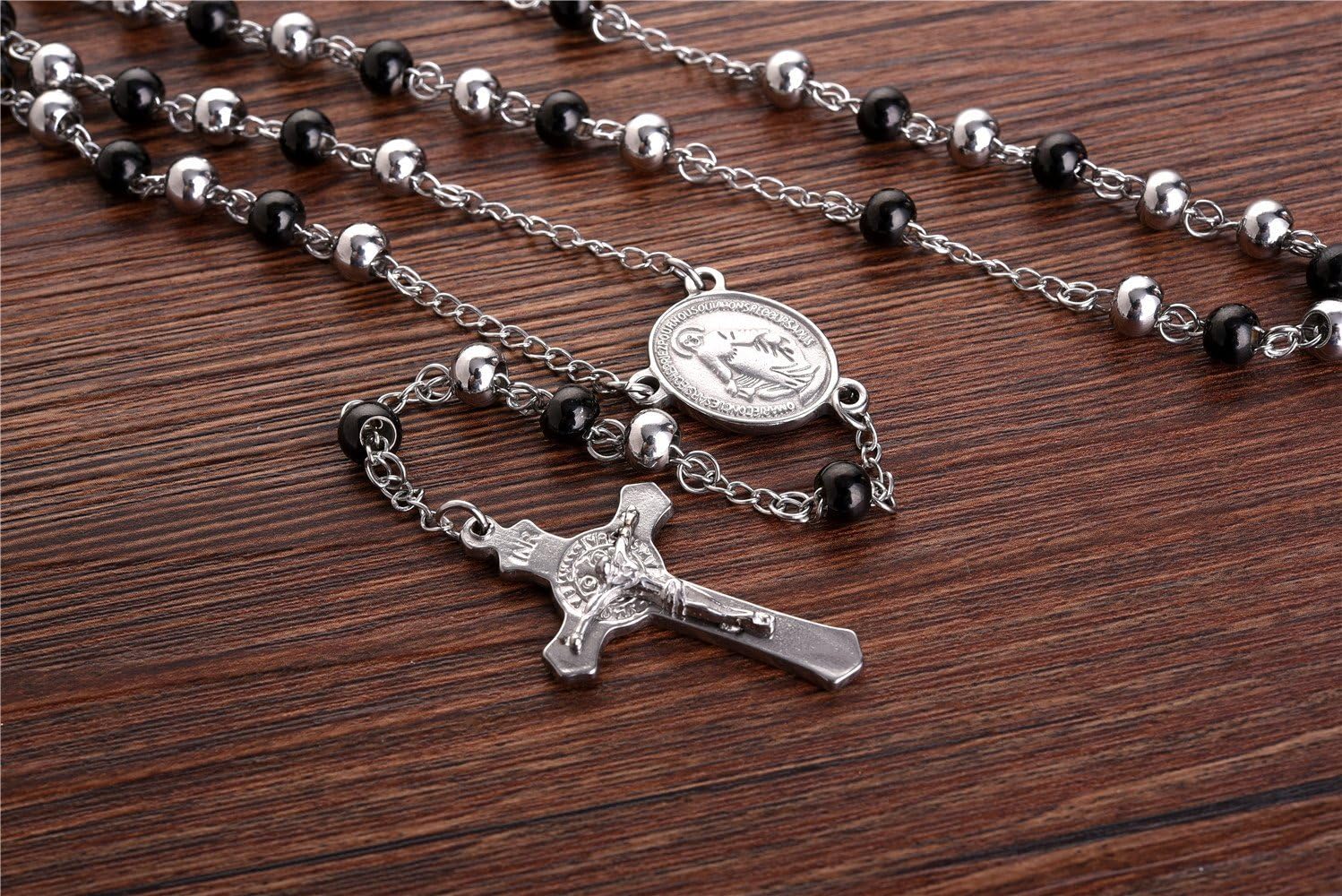 Black Silver Rosary Necklace with Crucifix and Miraculous Medal, 5-Decade Catholic Prayer Beads Chain for Men Women Teens, Our Lady Virgin Mary Rosary Jewelry Gift for Confirmation First Communion RCIA - Image 3