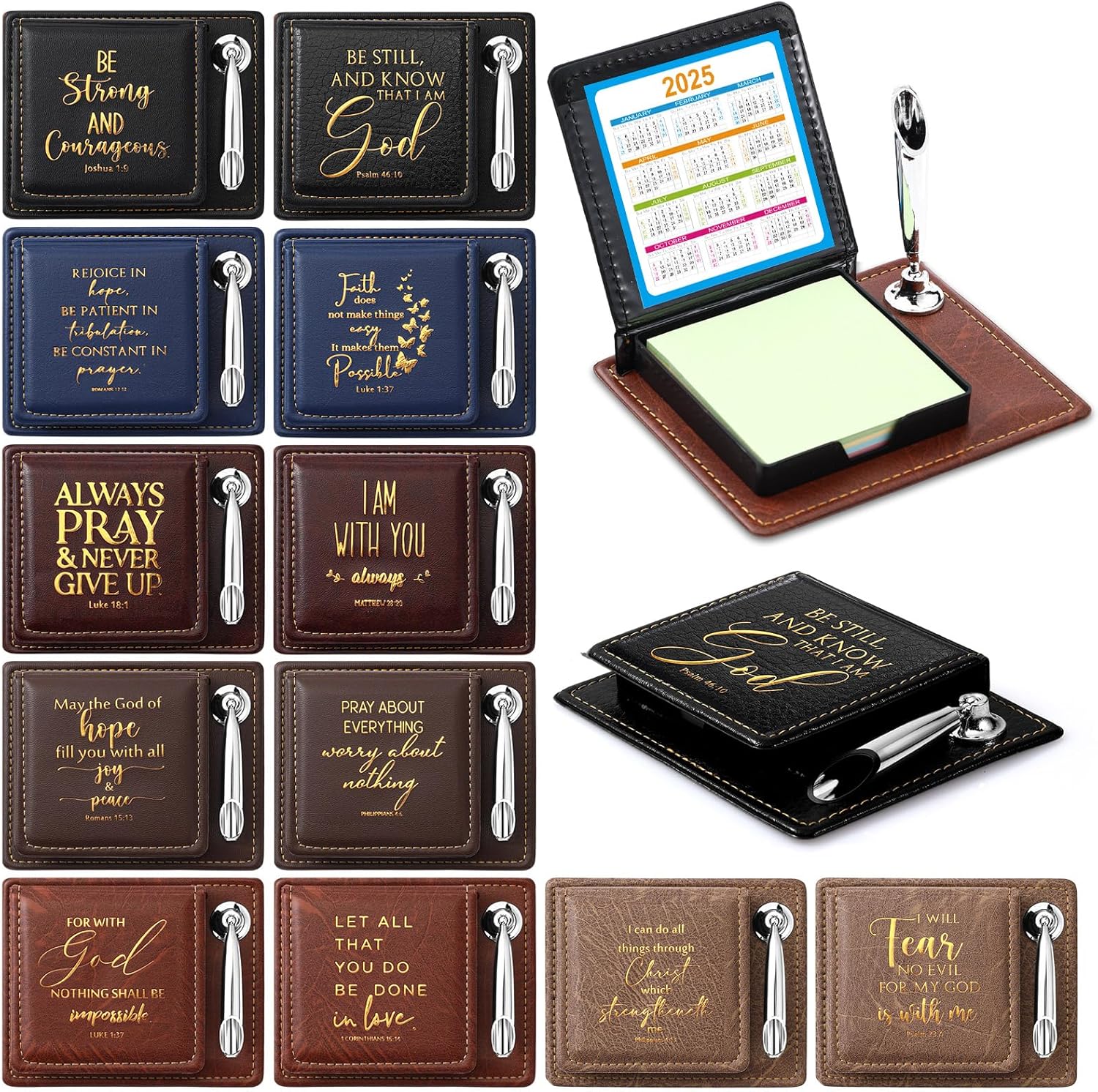 Spakon 6 Set Fathers Day Christian Gifts Bible Verse Sticky Note Holder for Inspirational Church Gifts PU Leather Box with Pen Holder for Church Religious Gift Mother Dad Women Men (Mixing Colors)