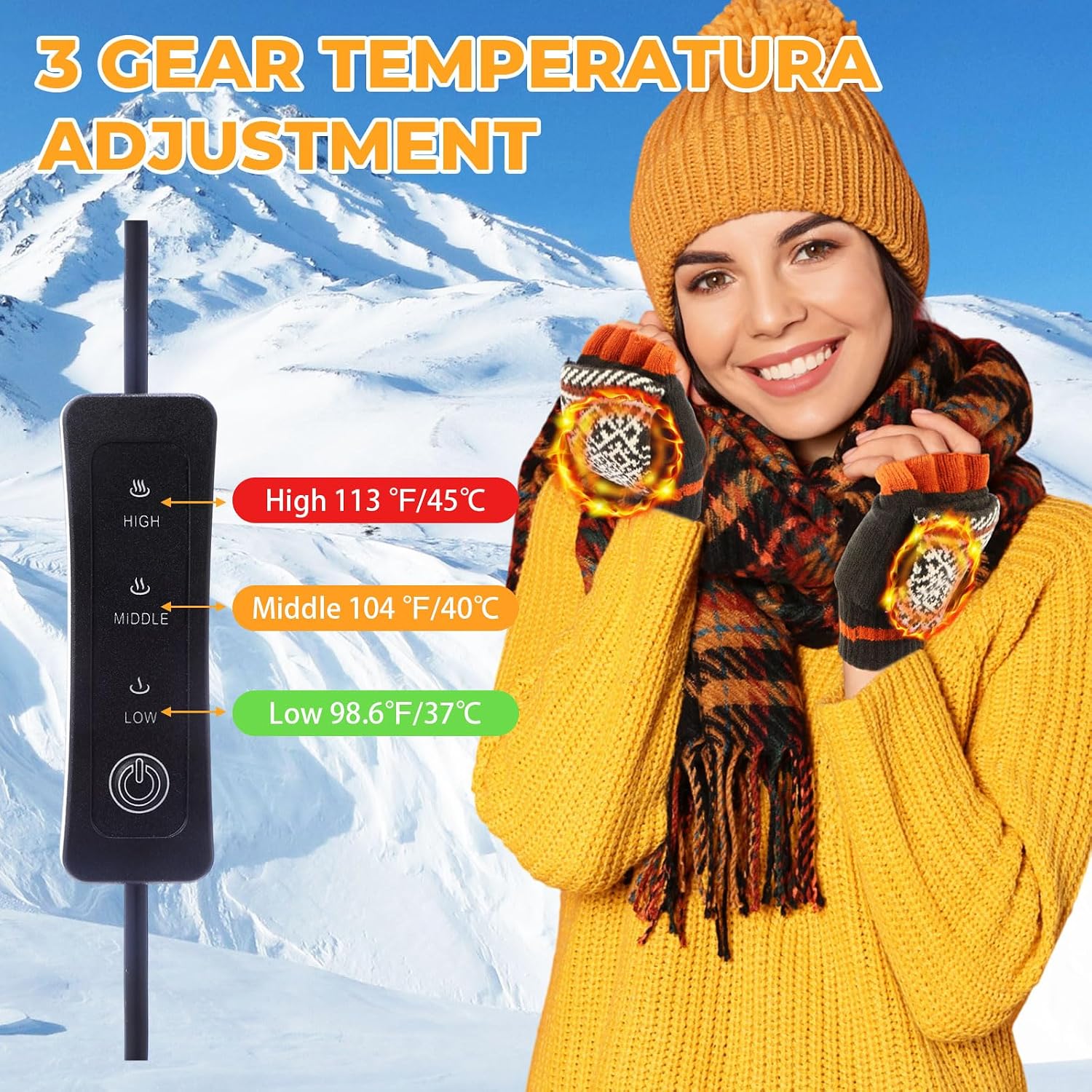 JaGely 2 Pairs USB Heated Gloves for Men and Women, 3 Temp Adjustable Full & Half Fingerless Stripes Pattern Knitting Warm Gloves for Work Typing Computer Hiking Indoor Outdoor