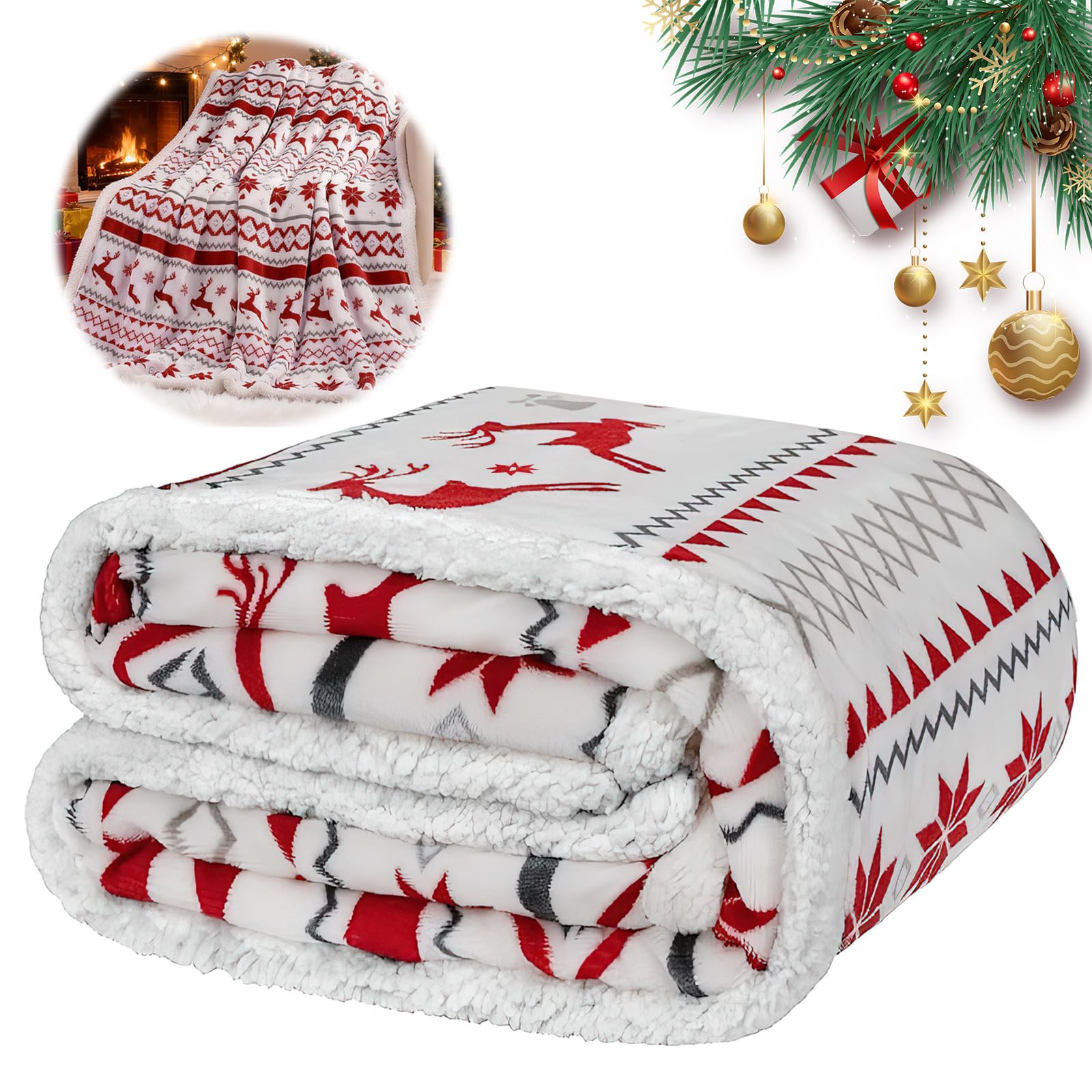 Christmas Throw Blanket for Sofa, 60x50 Inches, Double Layer, Soft Flannel Blanket with Elk and Snowflakes, Suitable for Christmas Decorations, Gifts, Sofas, Naps