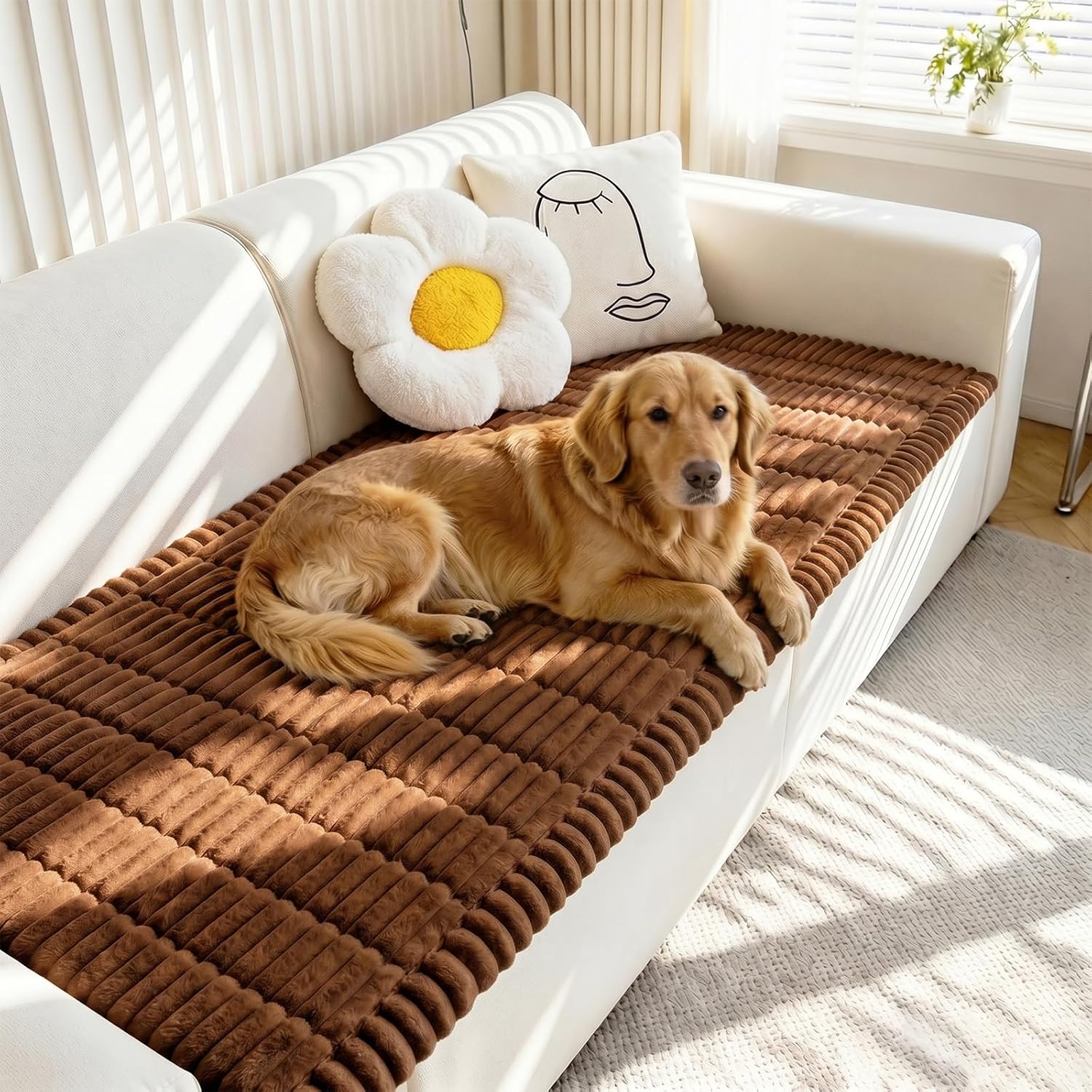 Non Slip Pet Couch Covers for Dogs, Fuzzy Sofa Covers for 3 Cushion Sofa Pet Friendly 3-layer Thicked Soft Washable Couch Slipcovers Cushion Furniture Protector(Brown, 27.6" x 71"/70 x 180cm)
