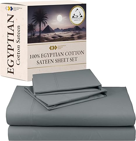 California Design Den Certified Luxury 100% Egyptian Cotton Sheets California King Size Set - Soft Sateen, Deep Pockets, Cool and Durable Bedding Sheets & Pillowcases Set - Grey