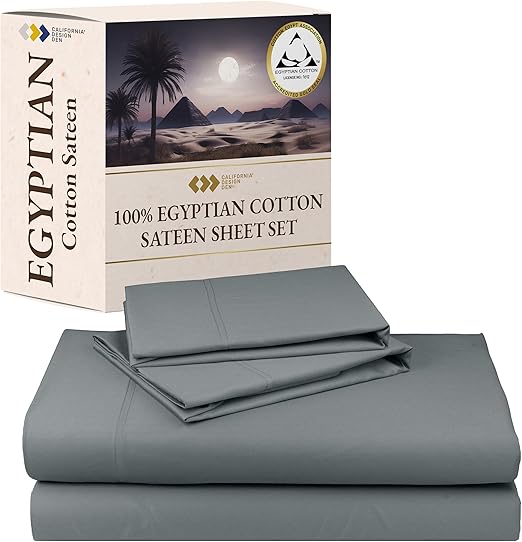 California Design Den Certified Luxury 100% Egyptian Cotton Sheets California King Size Set - Soft Sateen, Deep Pockets, Cool and Durable Bedding Sheets & Pillowcases Set - Grey