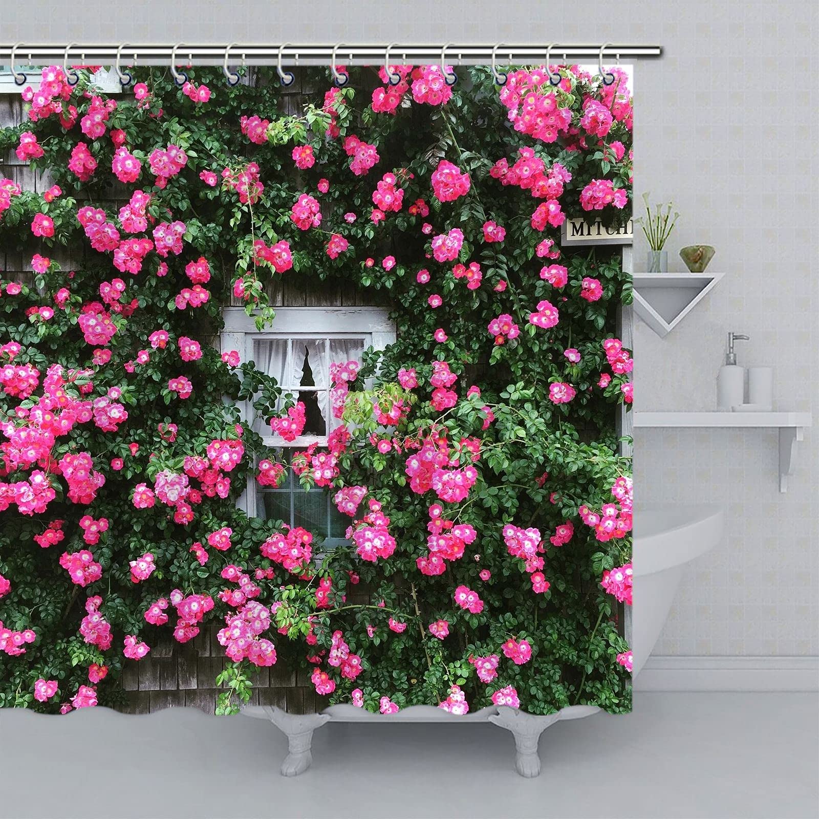 BBRILLI Cortina De Ducha De Flores Y Hojas Verdes, Cortina De Baño De Tela Impermeable Salvaje, Decoración De Baño, YFX05108, W180xH180cm