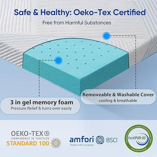 Miniatura 3 de Cubrecolchón de espuma viscoelástica de gel de tamaño matrimonial de 3 pulgadas, almohadilla de enfriamiento de alta densidad, alivio de presión,