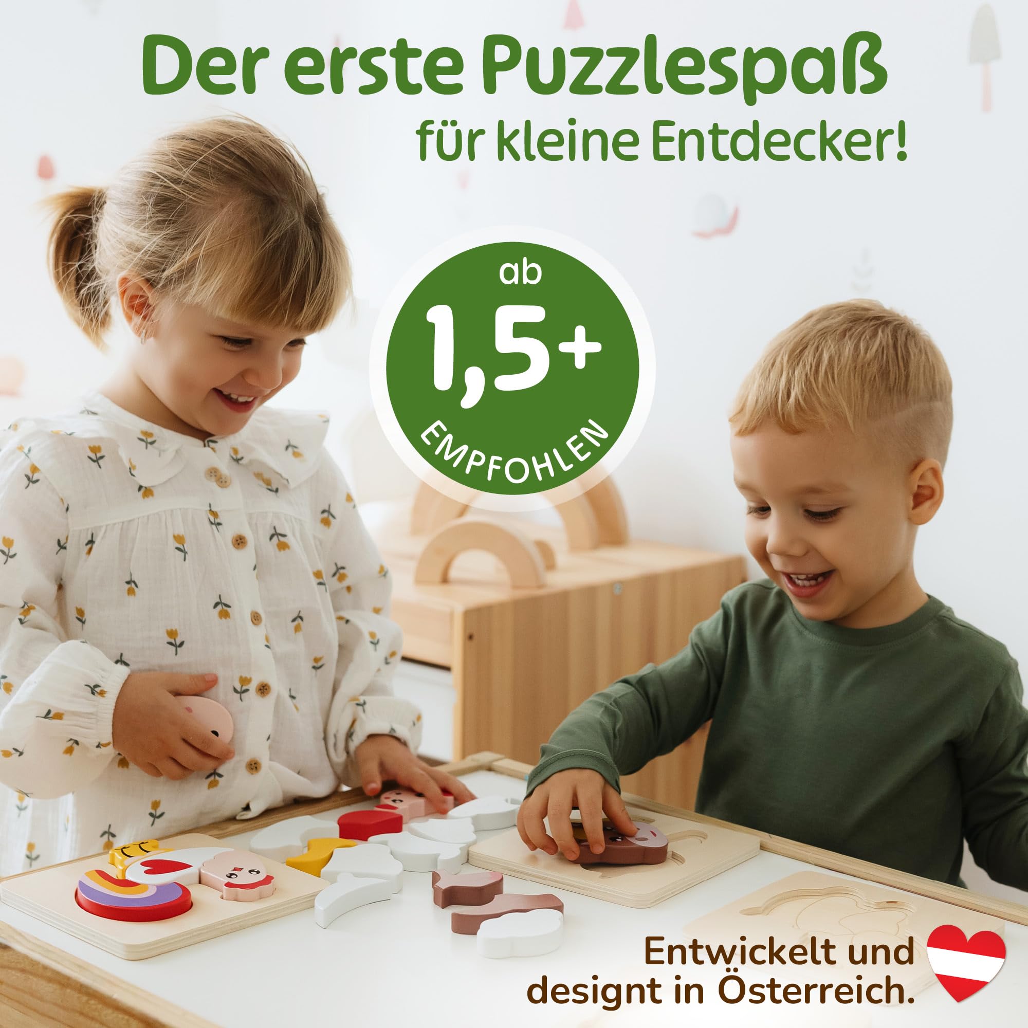 Merle Toys® Holzpuzzle 1 Jahr, Kinder Holzpuzzle ab 2 Jahre, 100% nachhaltig, 4X Greifpuzzle Tiermotive, Montessori Puzzle mit Hilfslinien, Baby Puzzle ab 1 Jahr, Holz Steckpuzzle mit 19 großen Teilen