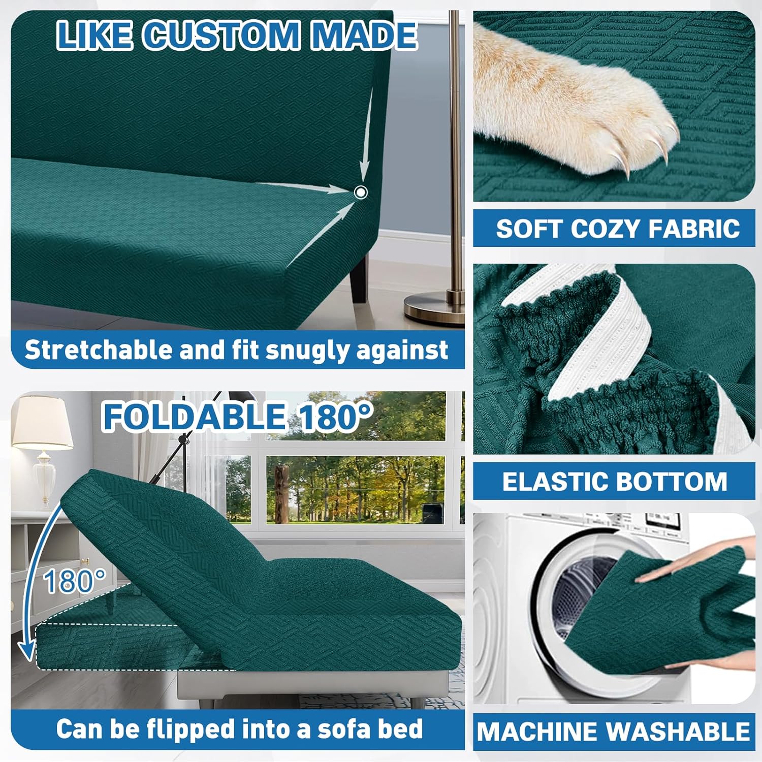 ZNSAYOTX Stretch Fit Futon Cover (67"-82") Armless Futon Sofa Bed Slipcover with Elastic Band, Universal Foldable Sofa Mattress Protector Full Queen Size, Washable Comfort Jacquard (Teal Green)