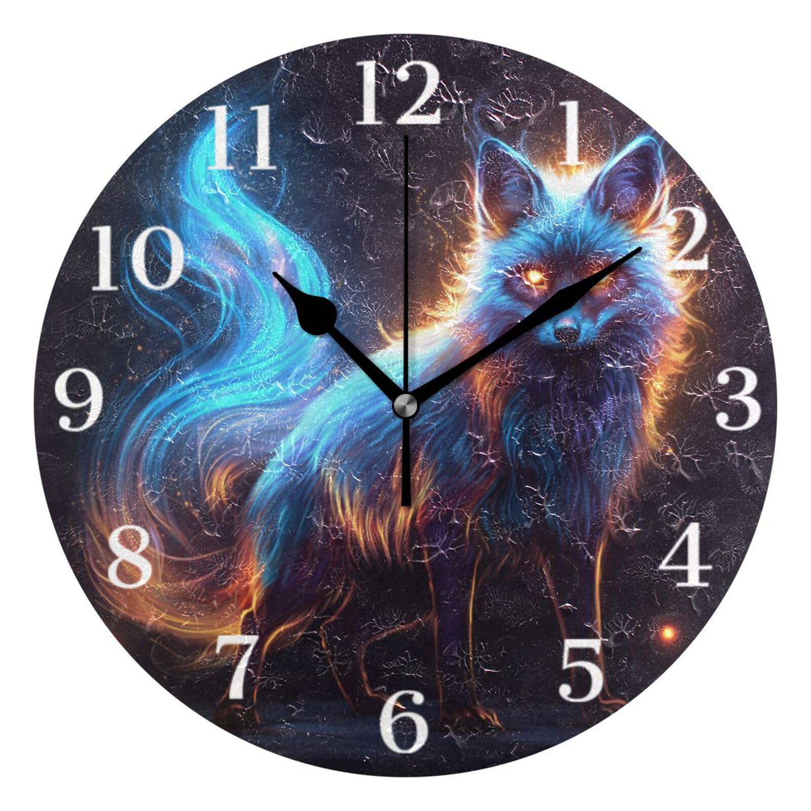 Ensound Glowing Fox Wall Clock Silent Non-Ticking Battery Operated Clocks 12 Inch for Kitchen Home Living Room