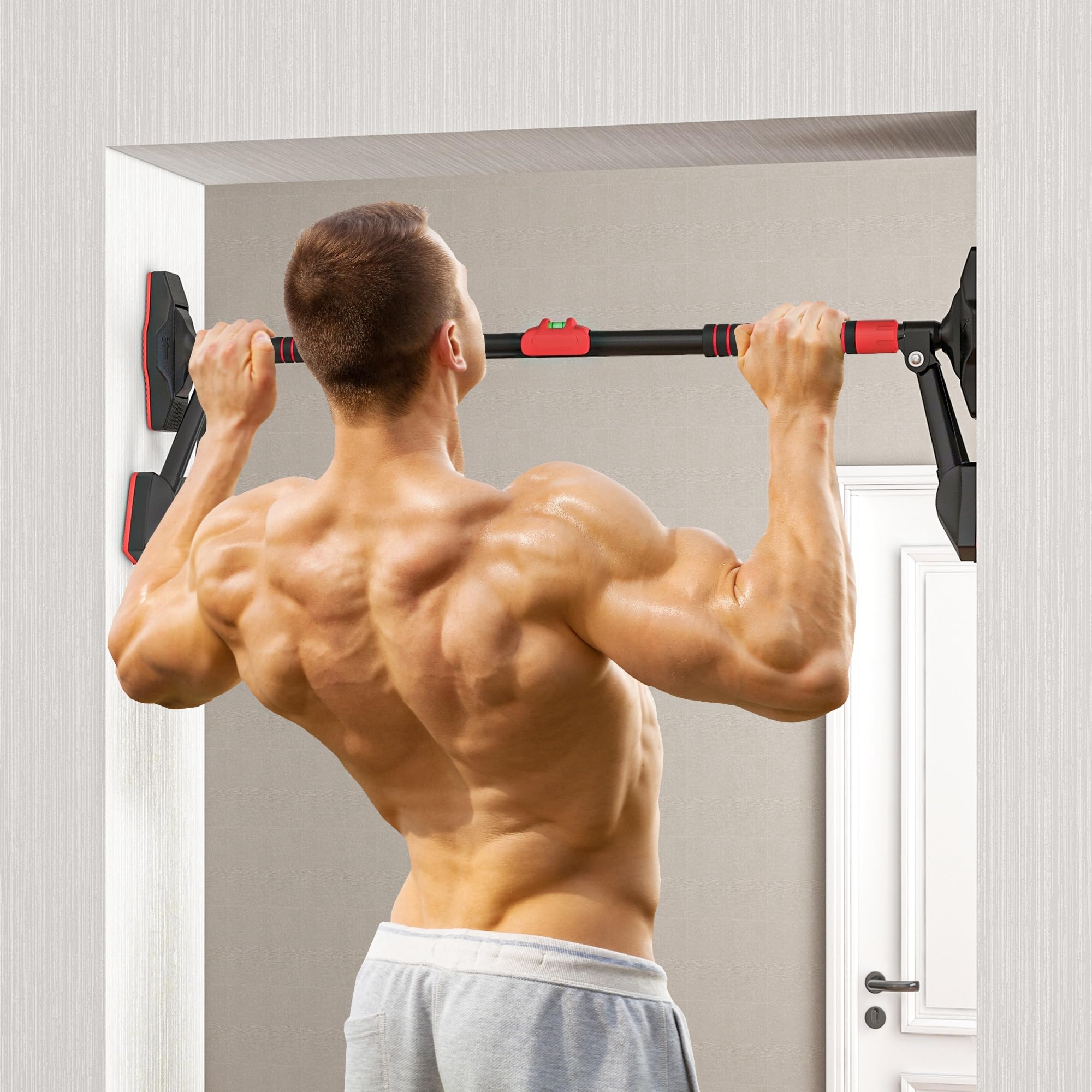 SPORTNOW Barre de traction réglable de 80 à 110 cm, barre de porte niveau intégré, structure triangulaire robuste, sans perçage, support à 6 points, poignées antidérapantes, jusqu'à 225 kg, noir