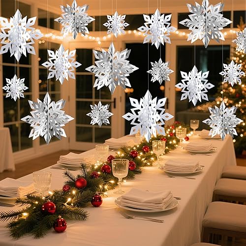 Vista 25 de 36 decoraciones de copos de nieve de Navidad, guirnalda de copos de nieve de papel blanco grande 3D para colgar copos de nieve para invierno, país