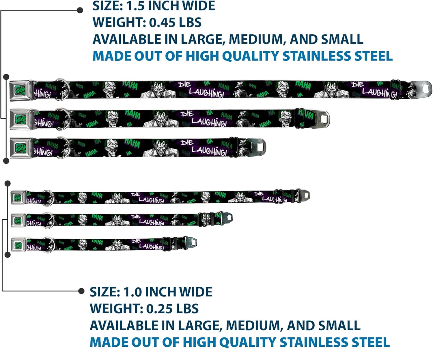 Dog Collar Seatbelt Buckle Joker Die Laughing Haha Black Purple Green 15 to 26 Inches 1.0 Inch Wide